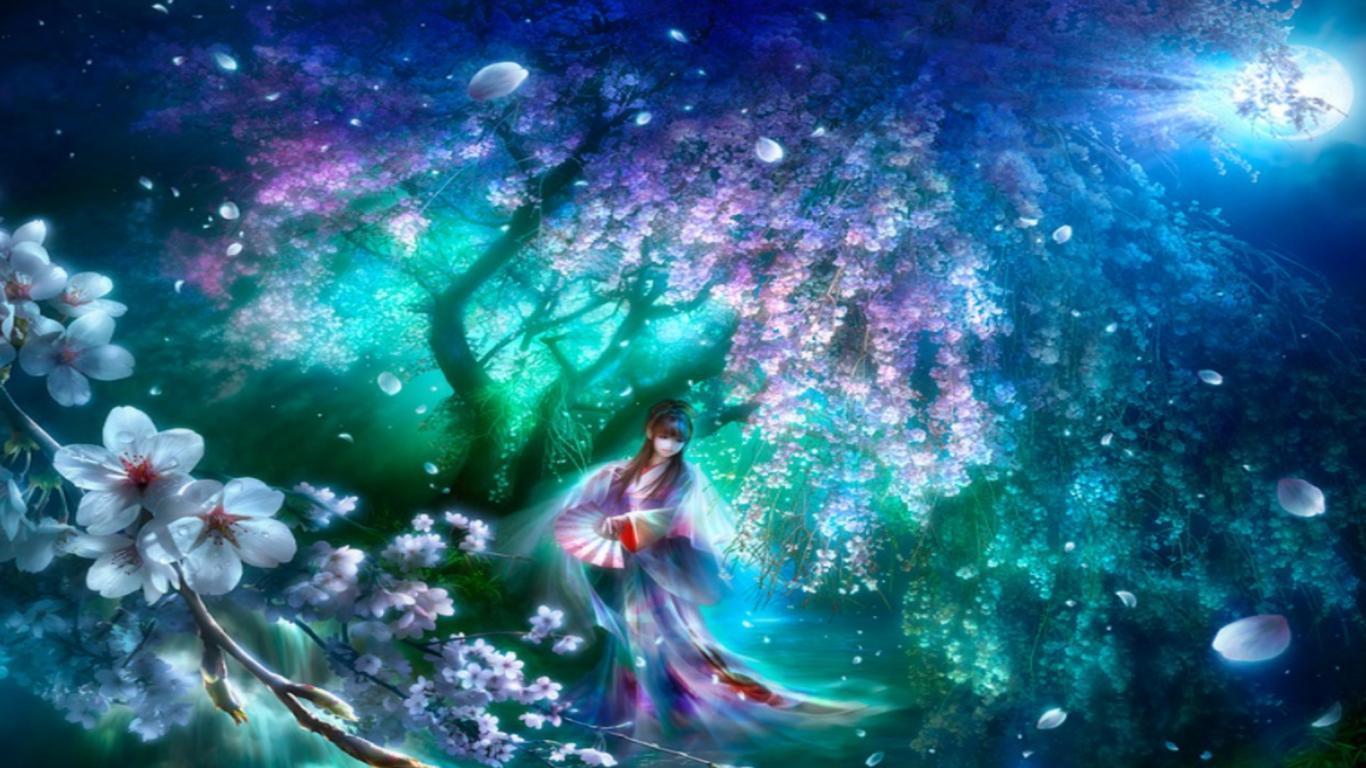 Free Download HD Beautiful Girl Under Flower Tree Wallpaper