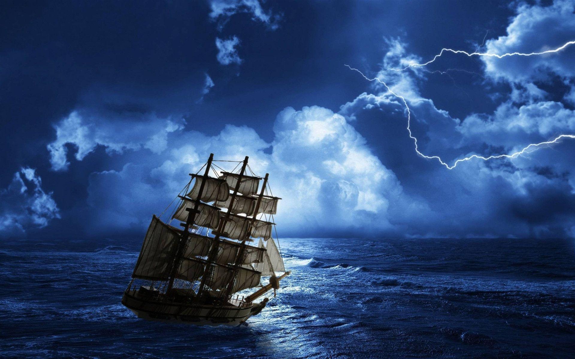 Thunder and lightning at night, offshore sailing Wallpaper