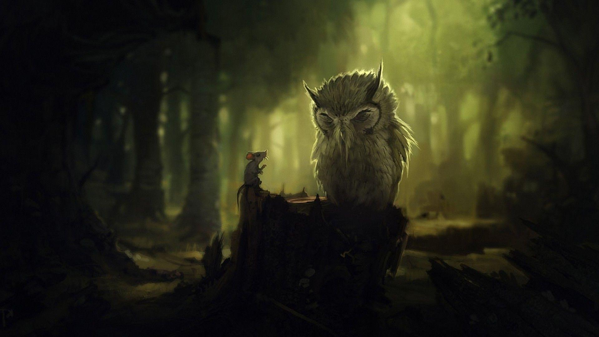 Mouse and owl in the dark forest Wallpaper #