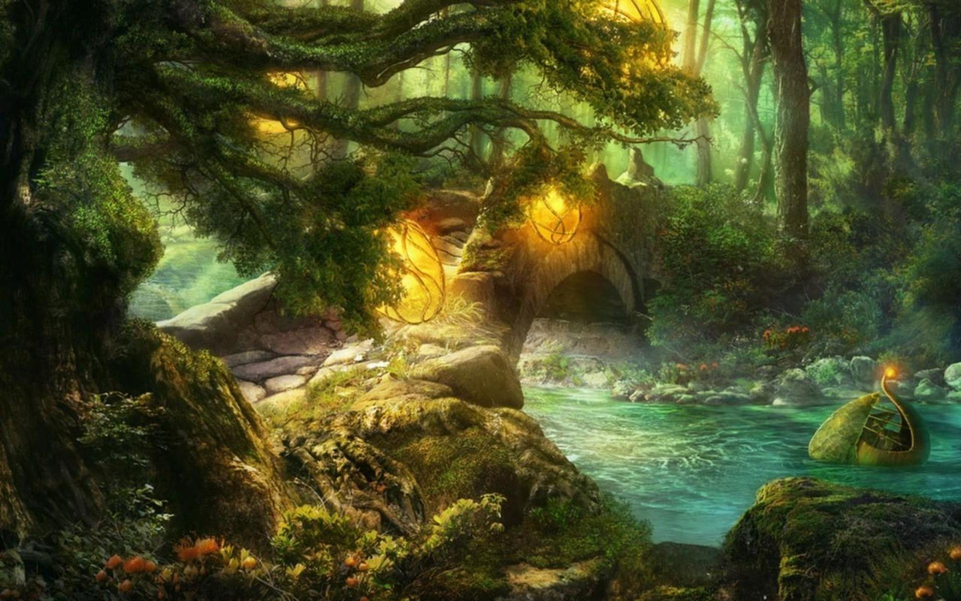 Stone bridge in fairytale forest wallpaper #