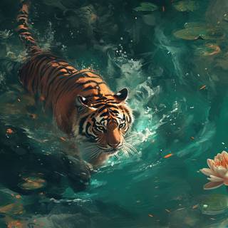 Tiger and Water Lilies