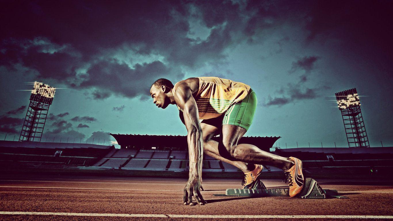 Download 1366x768 Usain Bolt Night Start Wallpaper