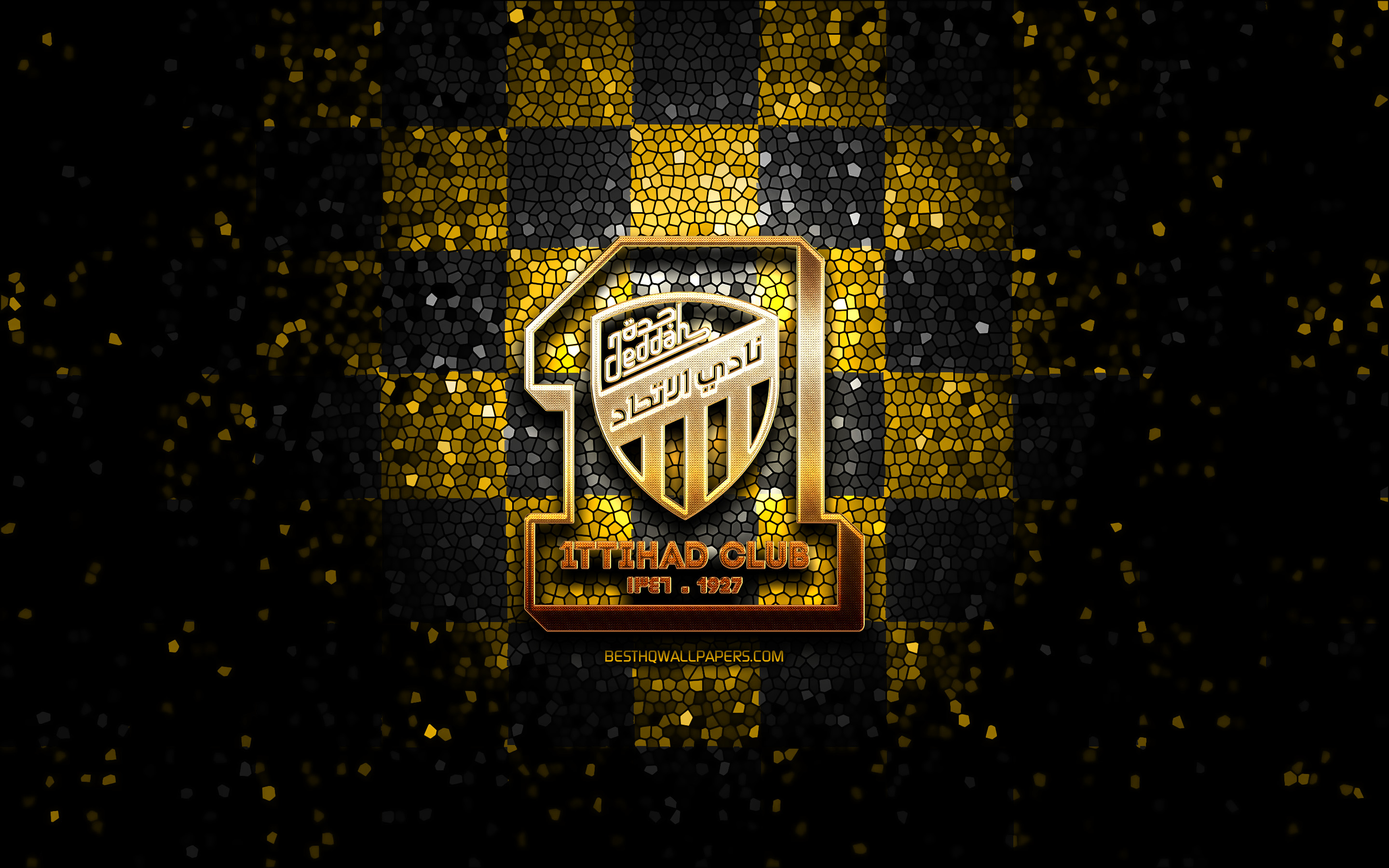 Download Wallpaper Al Ittihad Jeddah, Glitter Logo, Saudi Professional League, Yellow Black Checkered Background, Soccer, Saudi Football Club, Al Ittihad Logo, Al Ittihad Club, Mosaic Art, Football, Al Ittihad FC For Desktop With Resolution 2880x1800