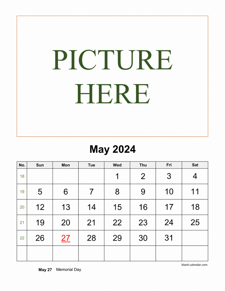 Free Download Printable May 2024 Calendar, picture can be placed
