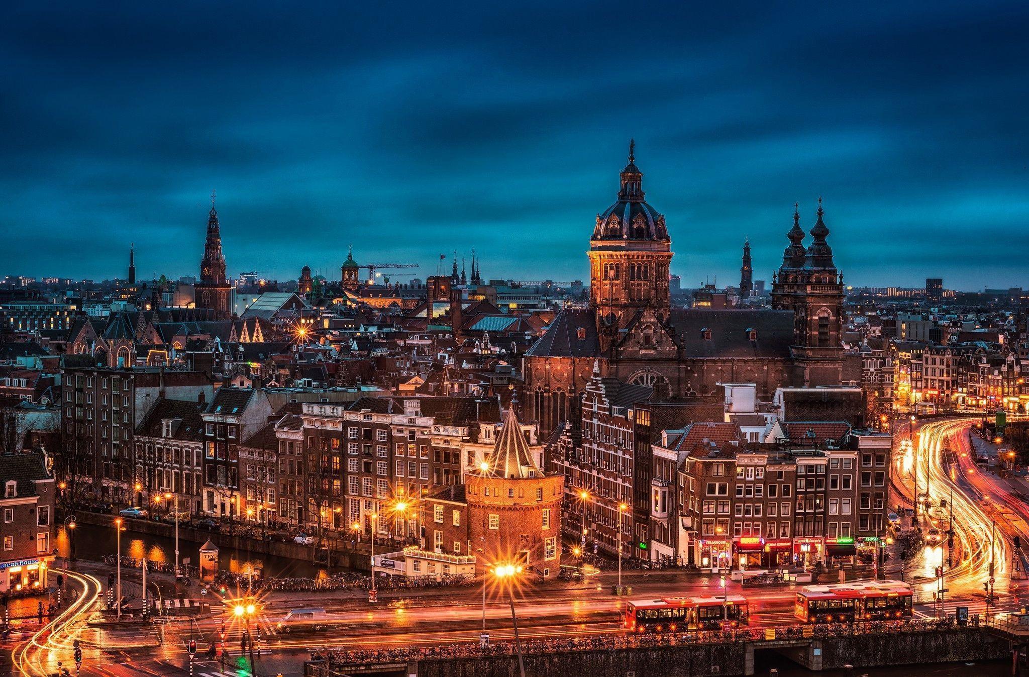 Wallpaper, Netherlands, Houses, Roads, Amsterdam, Night, Street