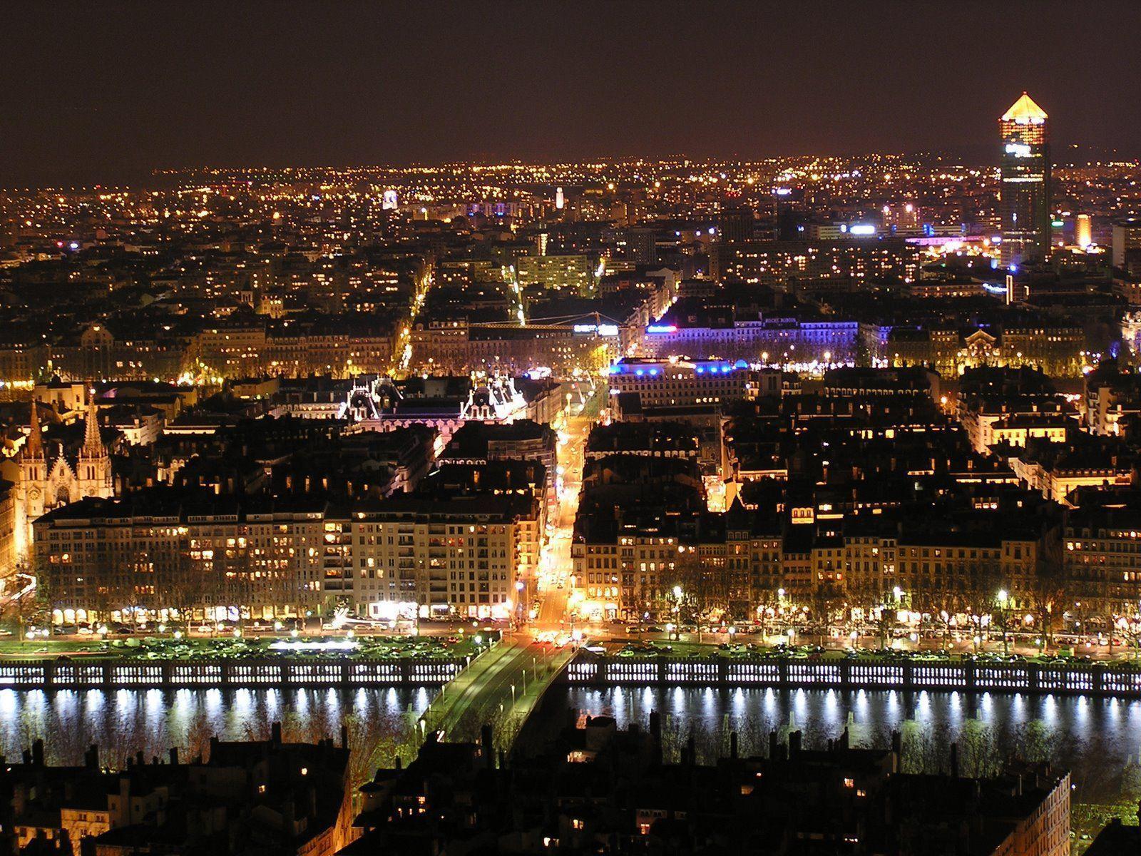 Night panorama of the city of Lyon, France wallpaper and image