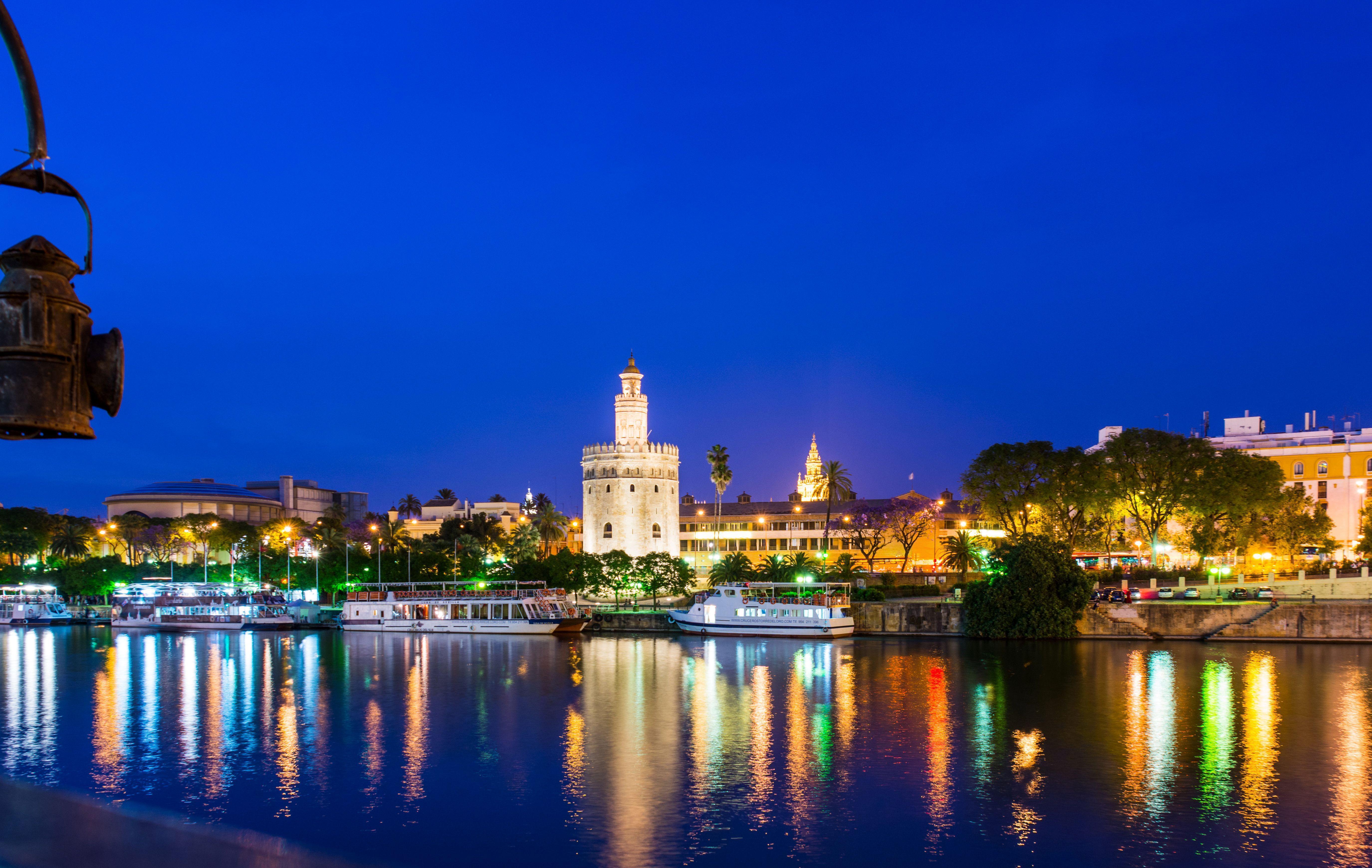 Image Spain Seville Night Rivers Cities Houses 5500x3480