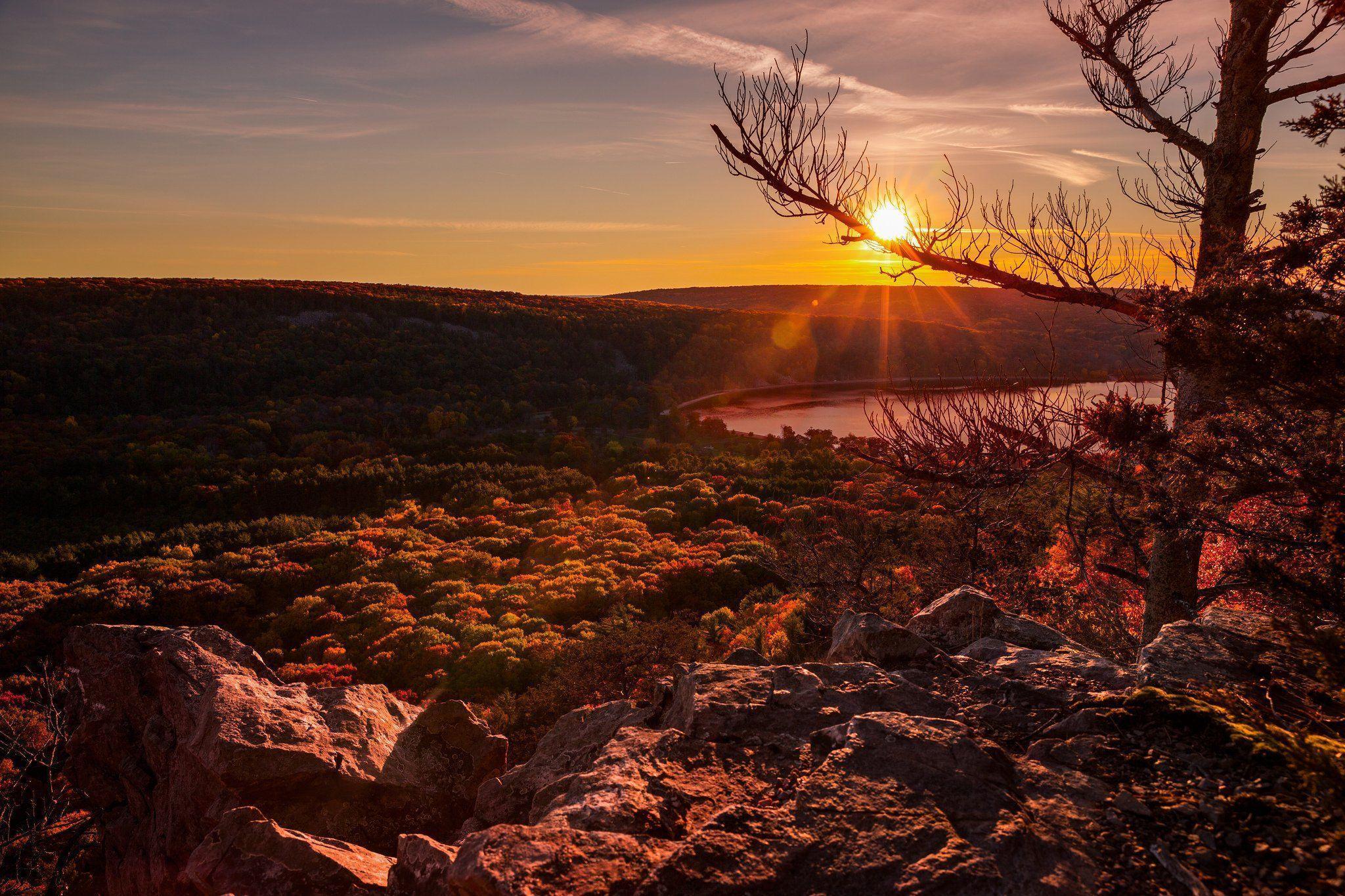 Trees sunset Wisconsin United States Devils Lake wallpaper