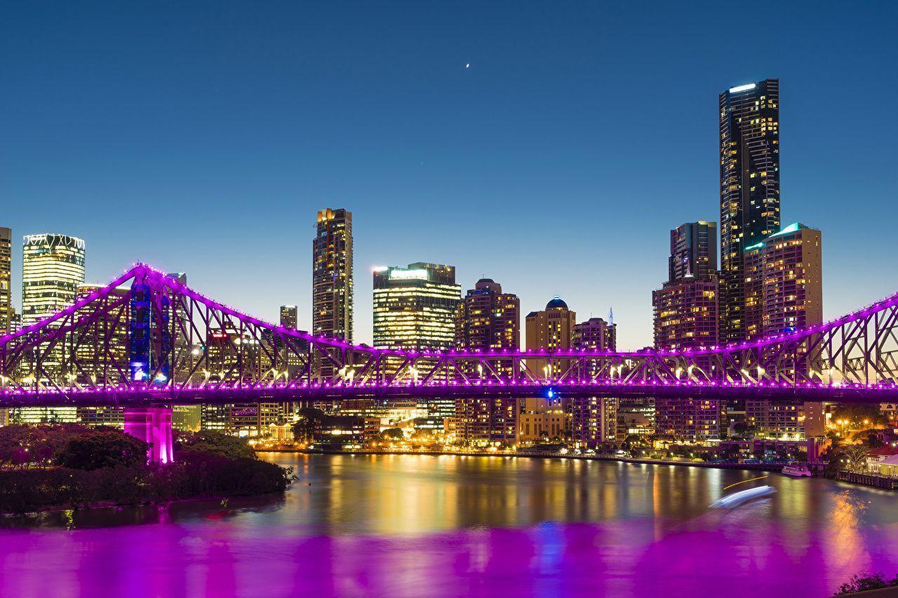 Wallpaper Brisbane Australia Bridges Night Rivers Fairy lights