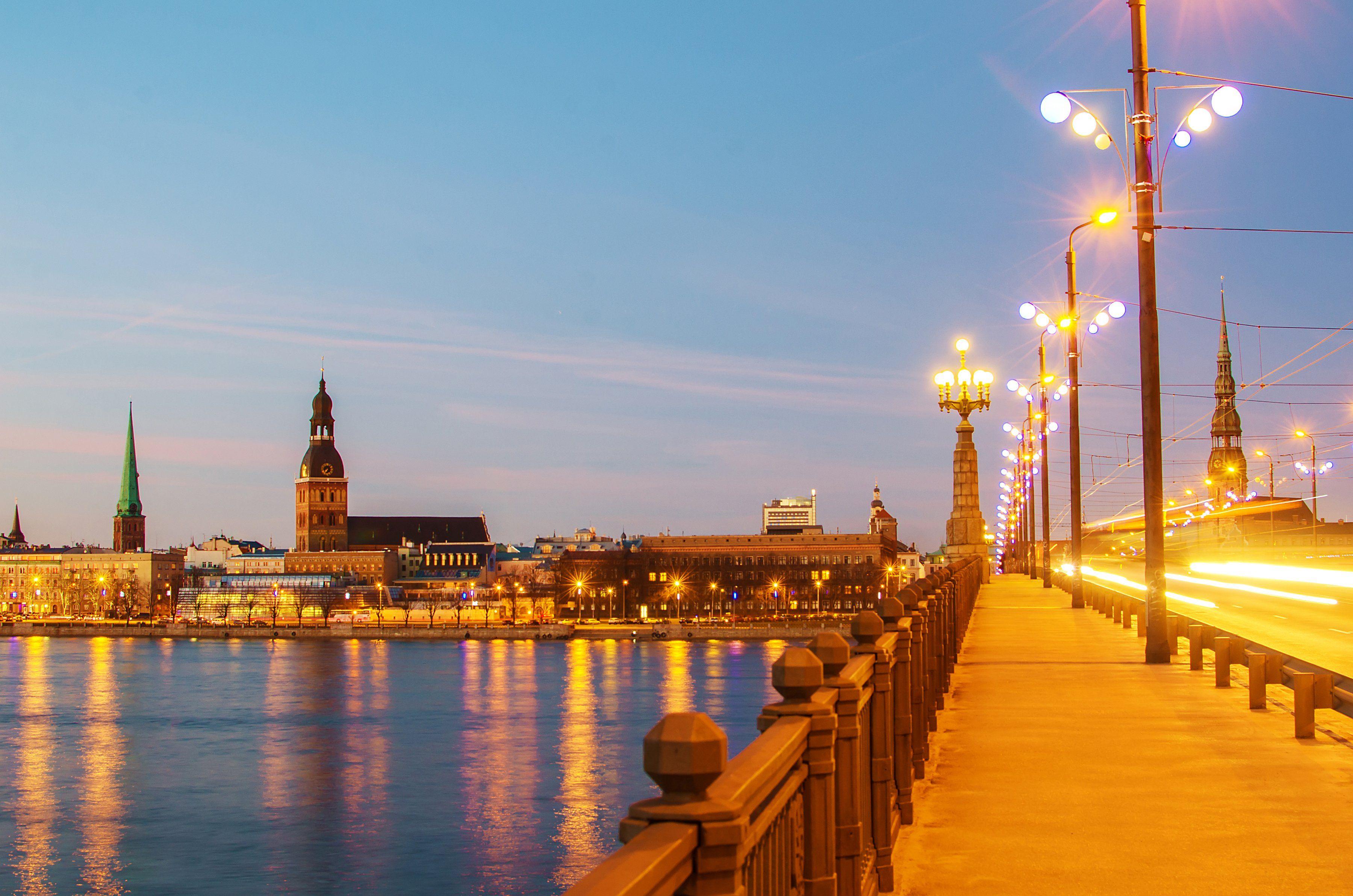 Latvia Houses Rivers Bridges Sky Night Street lights Riga Cities