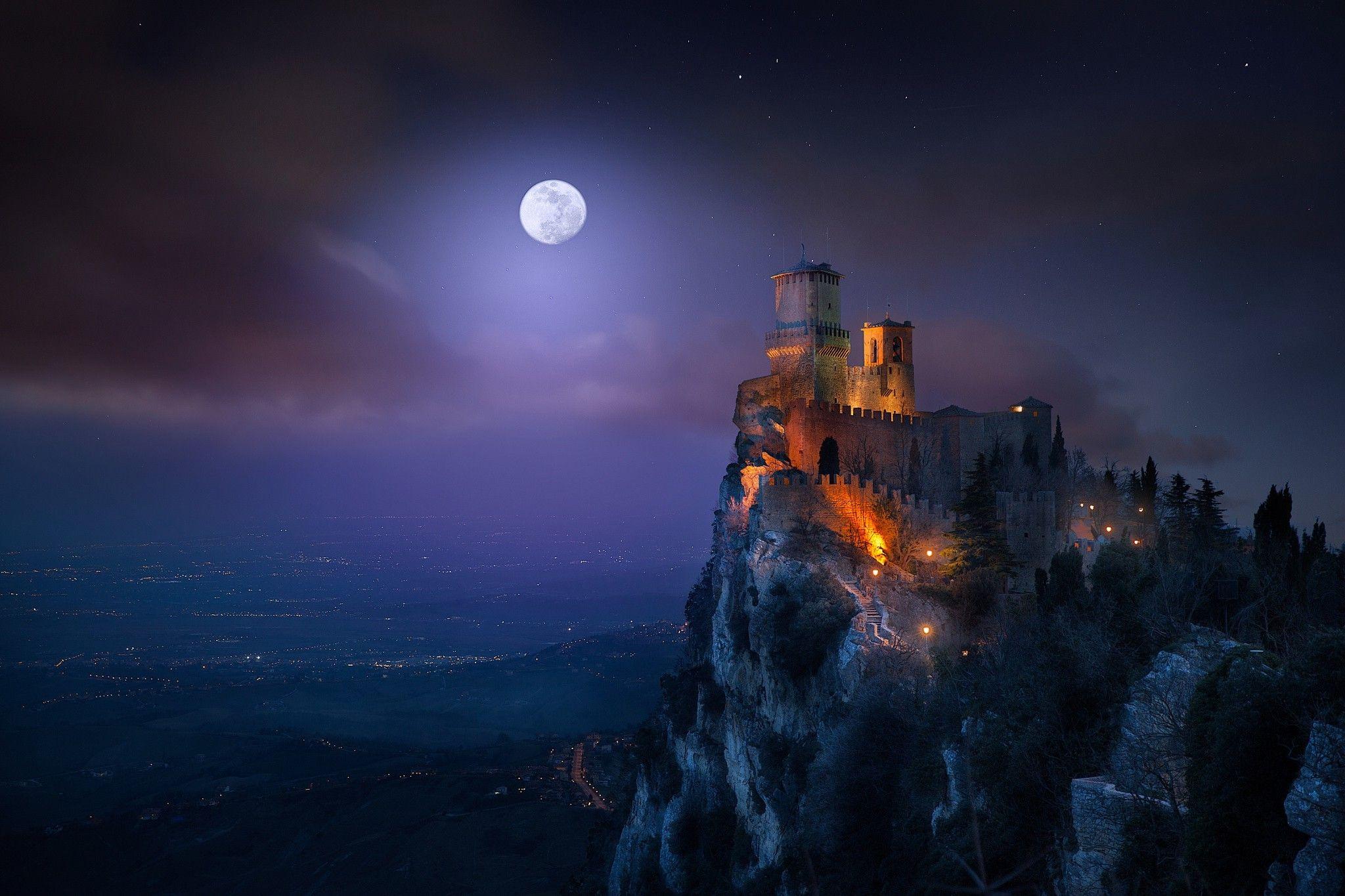 nature, Landscape, Castle, Night, Guaita Fortress, San Marino