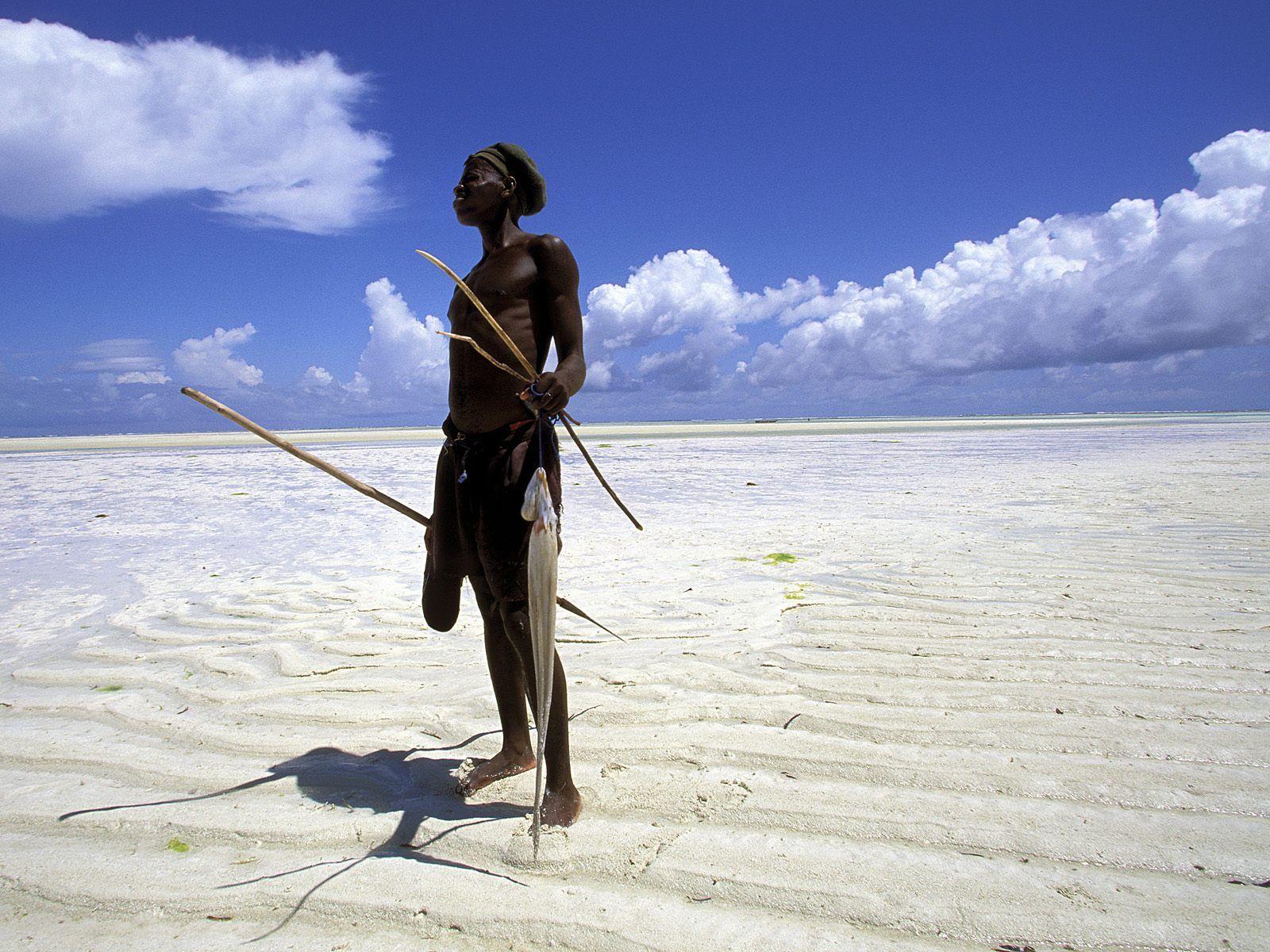 Fisherman on the Beach at low Tide / Zanzibar / Tanzania / Africa