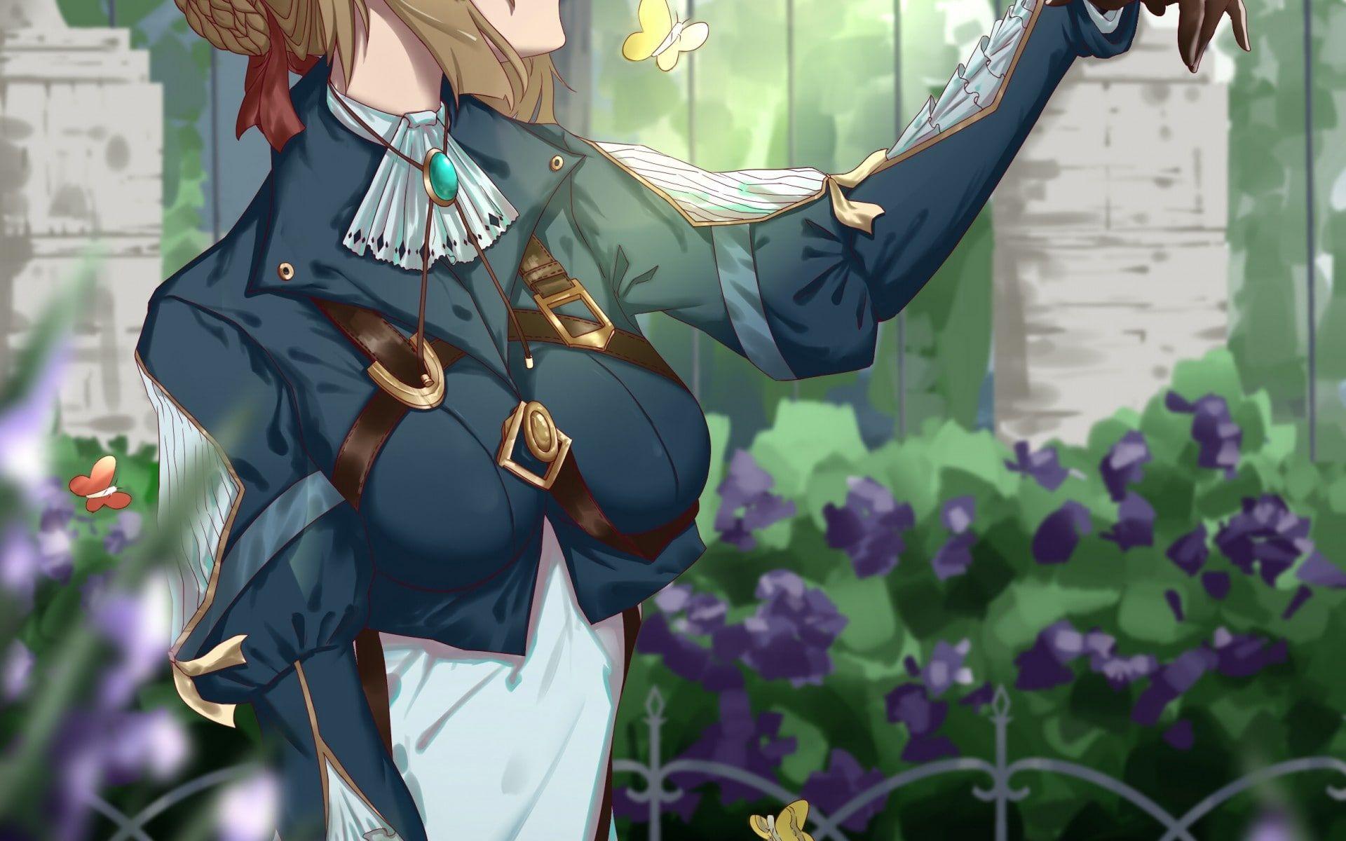 Violet Evergarden Blonde Butterfly Profile View Flowers Wallpaper