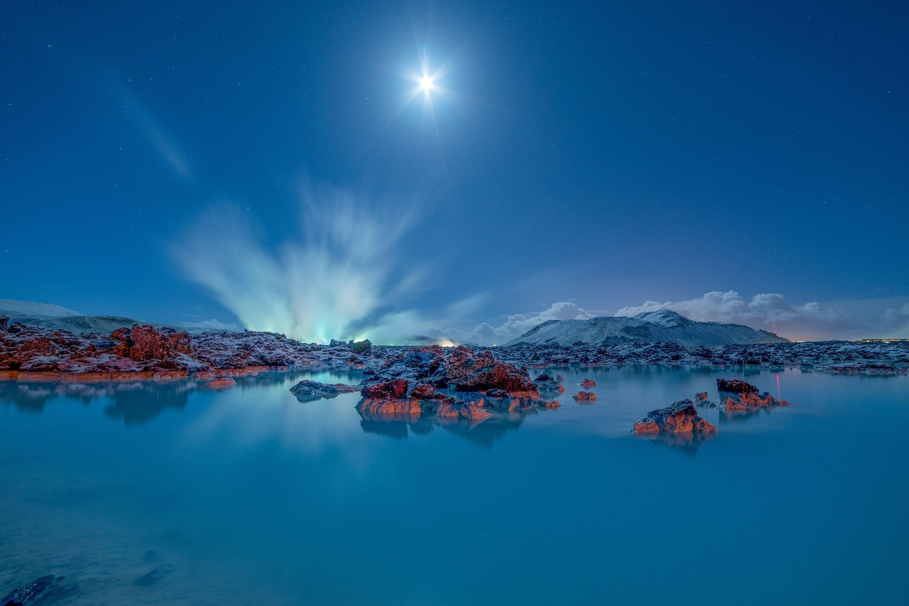 Wallpaper Blue Lagoon, Moonlight, Iceland, 4K, Nature