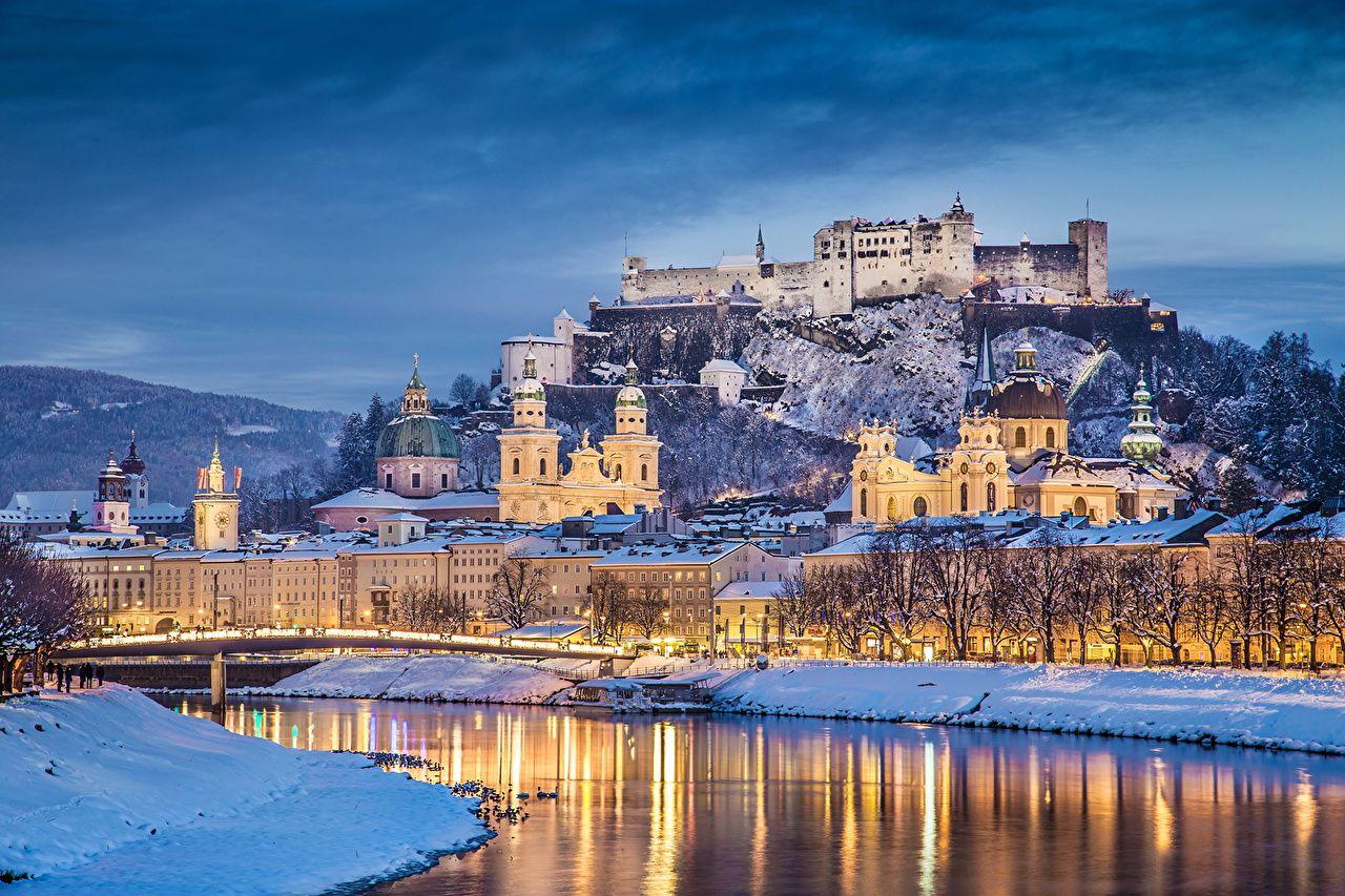 Image Salzburg Austria Winter Castles Sky Rivers night time Cities