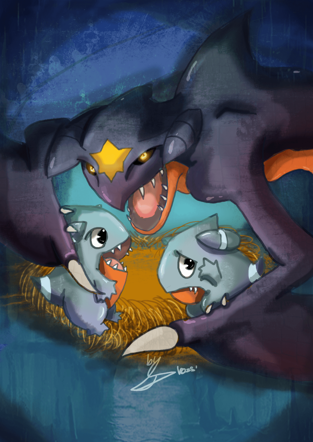 Garchomp mother protecting little Gible (final)