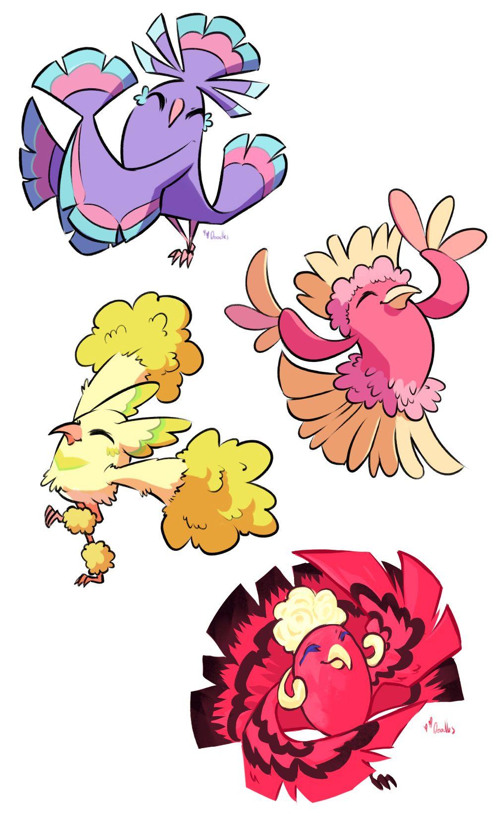 Oricorio in all four Pokemon variants. Pokemon