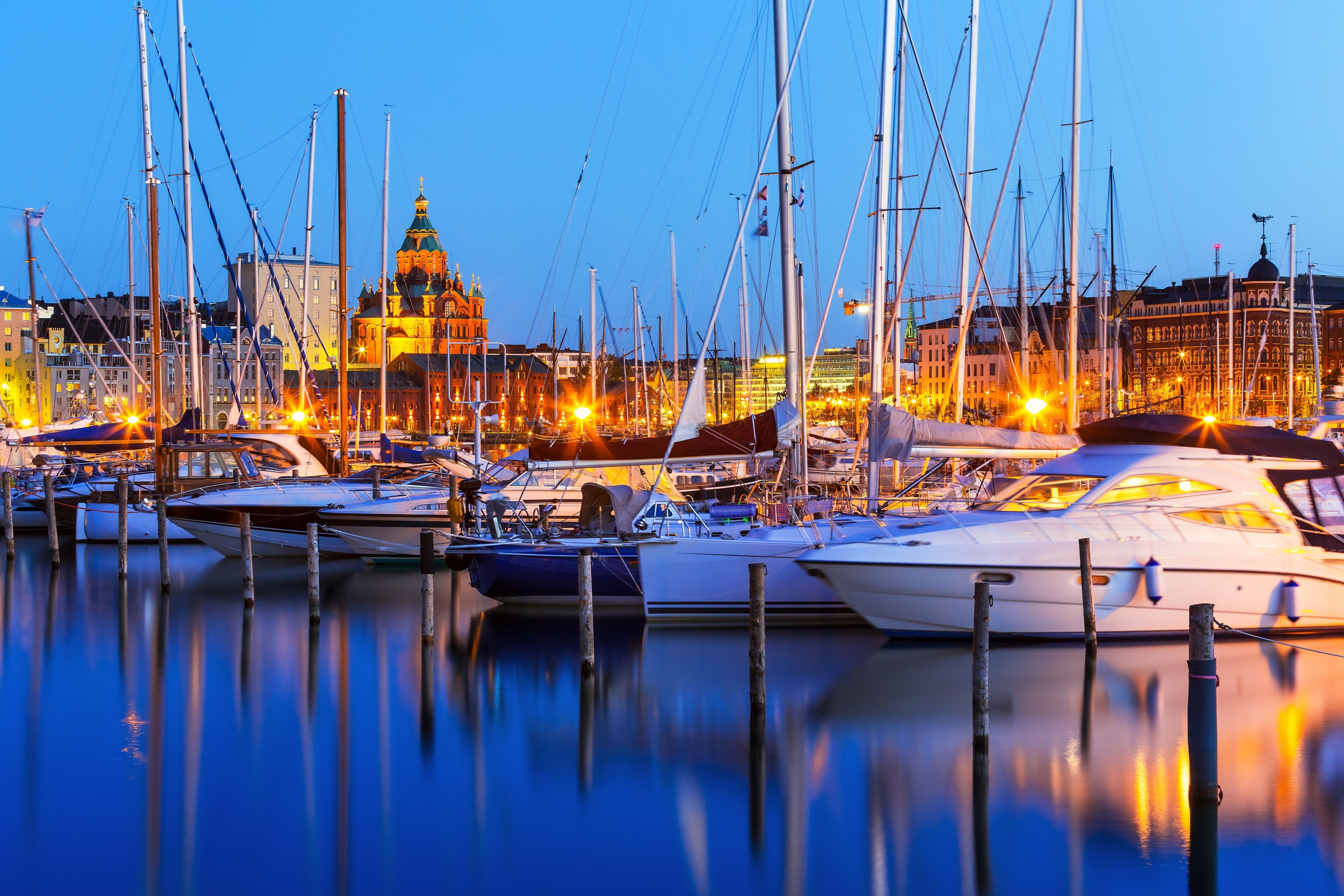 Wallpaper Night city, port, yachts, Finland, Helsinki, harbor, river