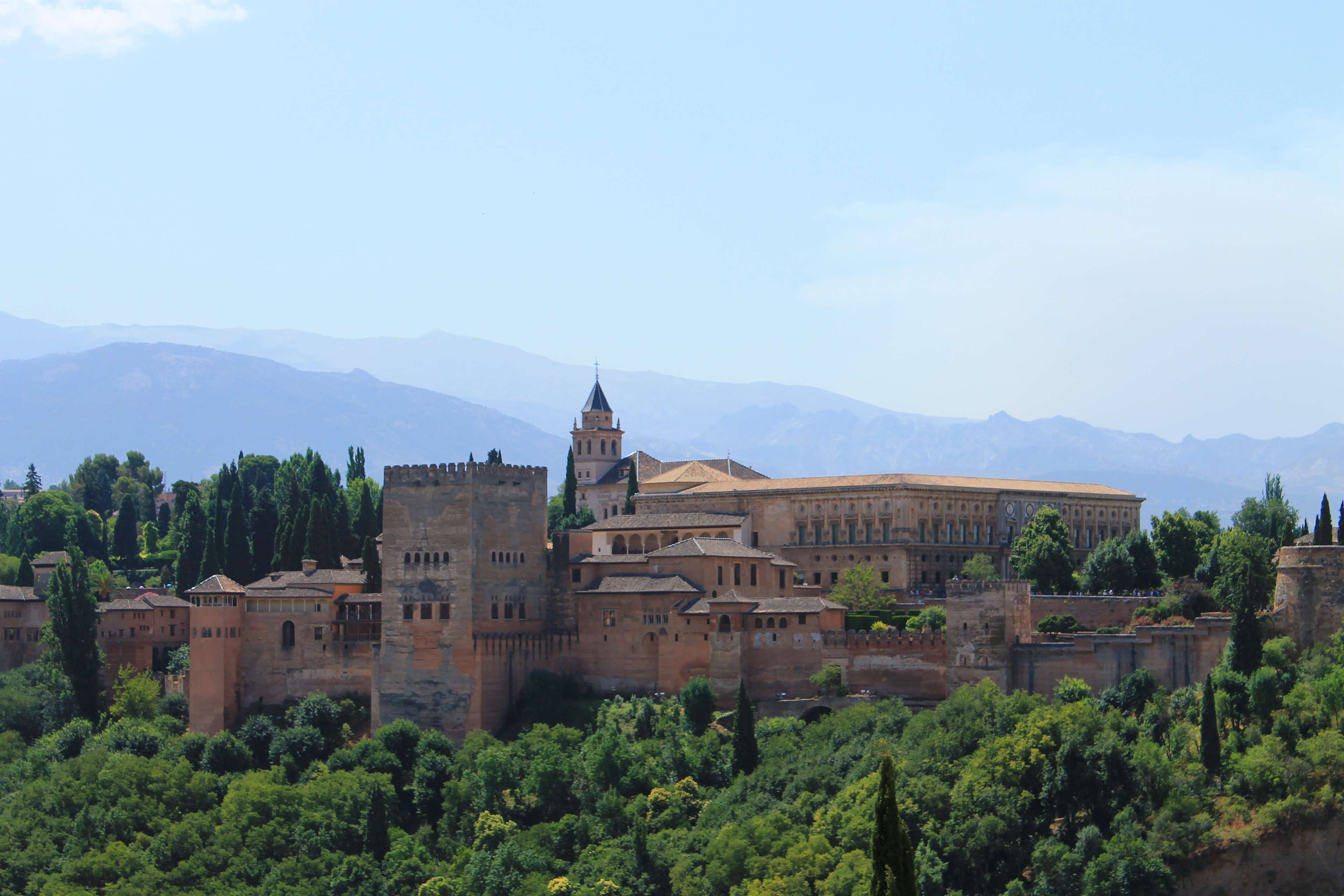 alhambra, castle, granada, landscape, mountains, nature, spain