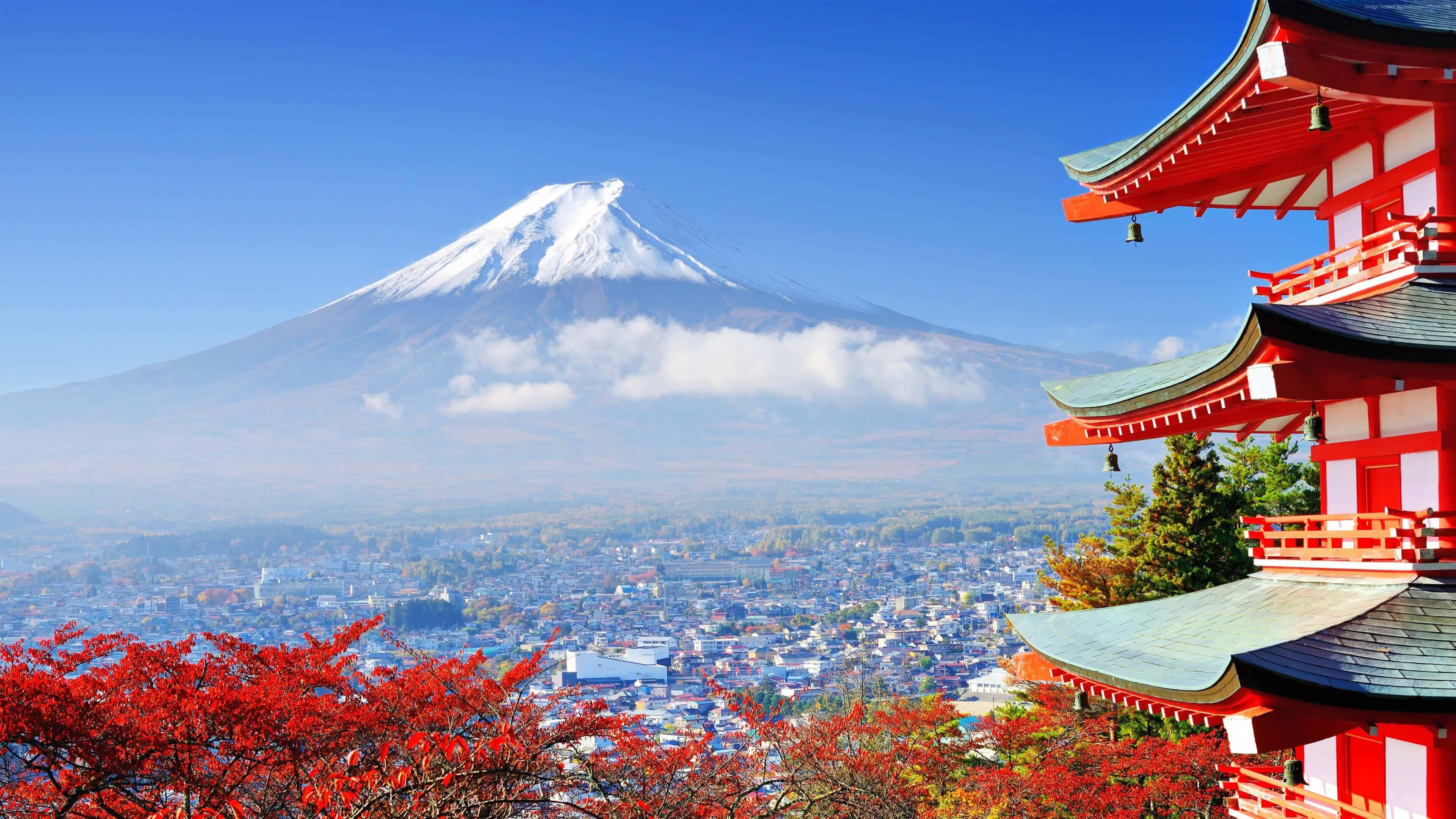 View Of Mount Fuji From A Red Pagoda, Tokyo UHD 4K Wallpaper