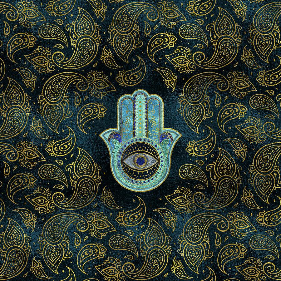 Decorative Hamsa Hand With Paisley Background Digital Art