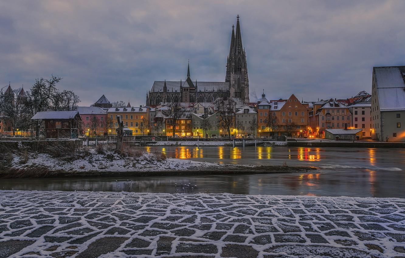 Wallpaper winter, snow, trees, lights, river, home, the evening