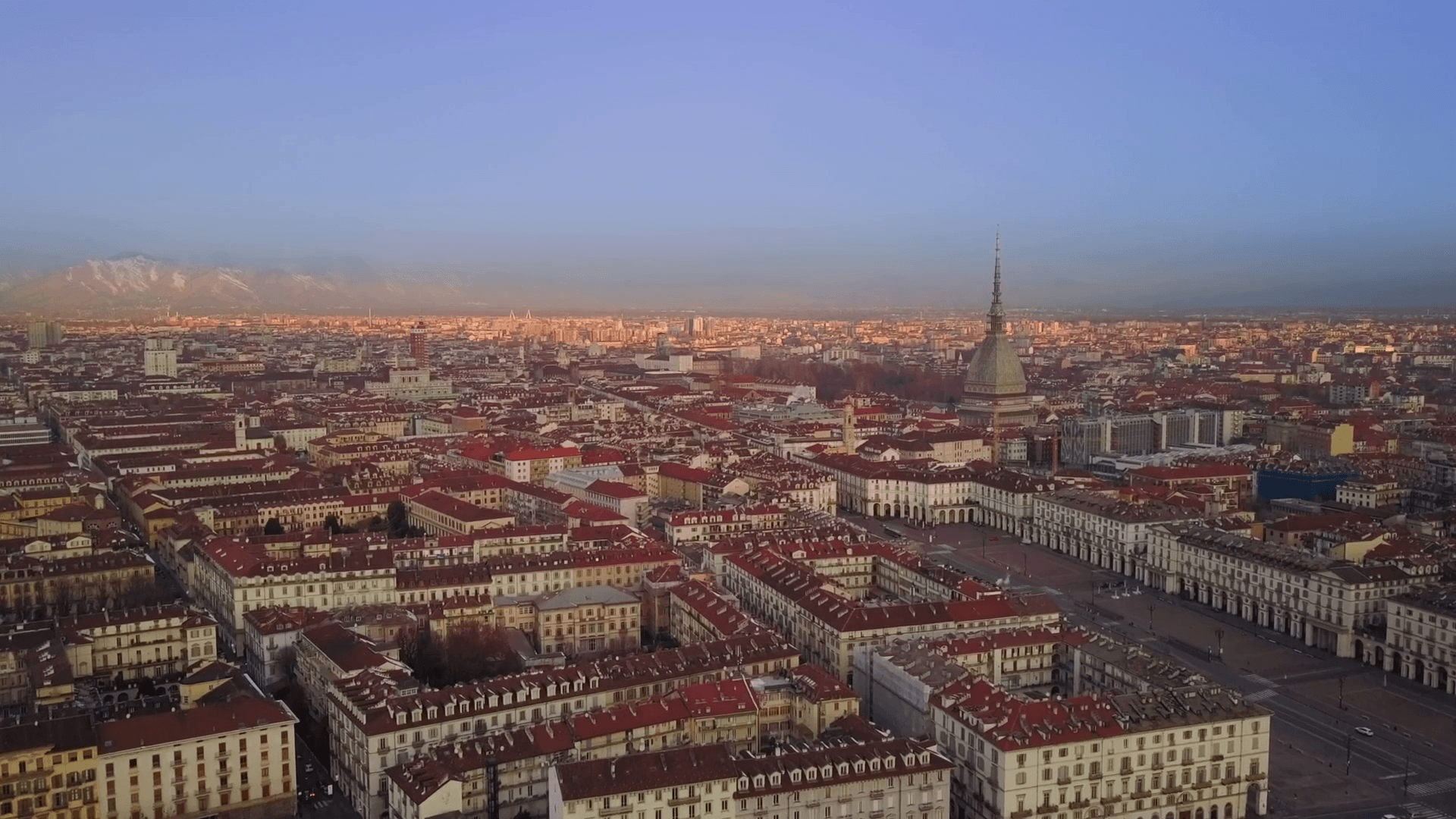 aerial drone flying over turin city center at sunrise Stock Video