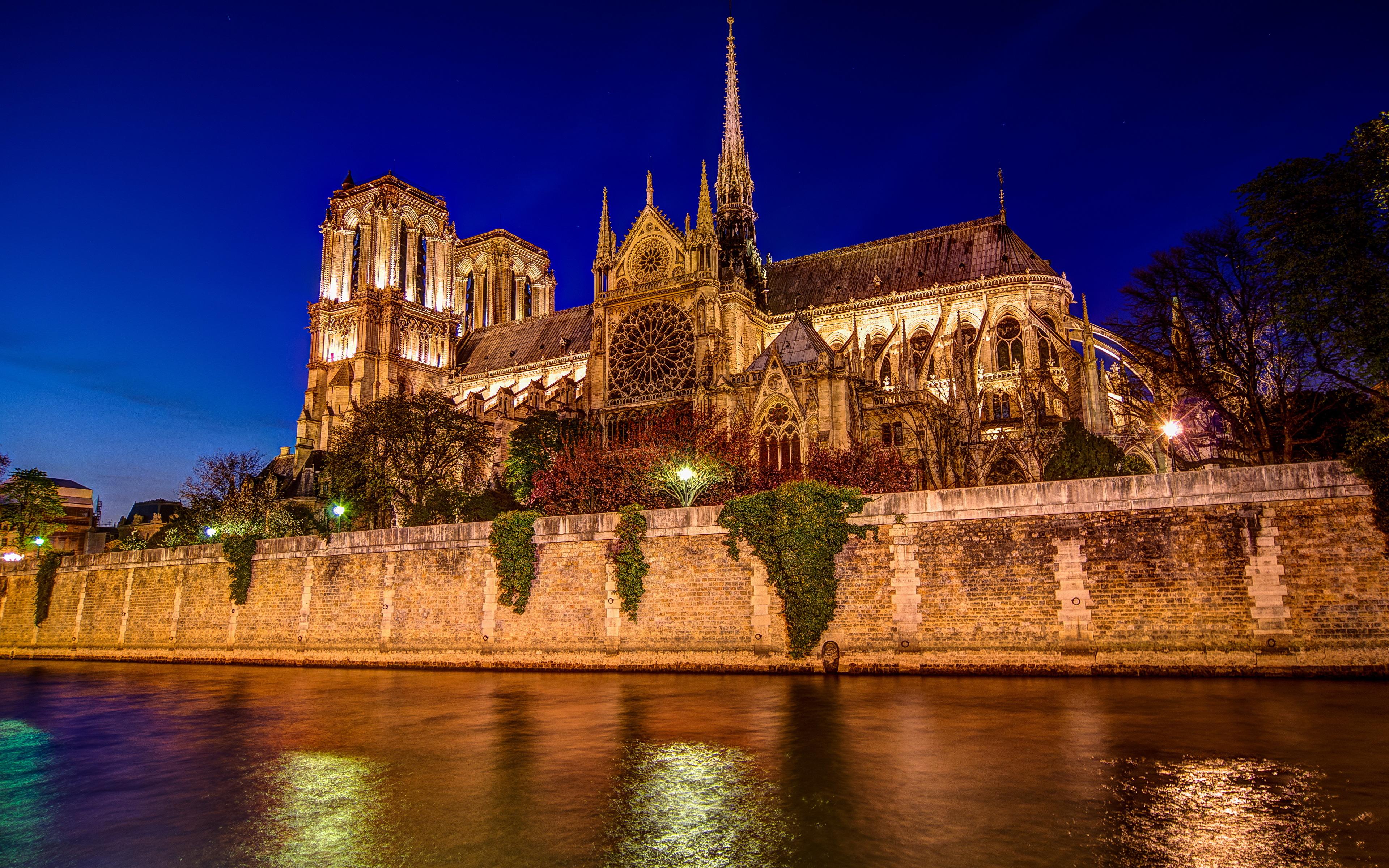 Picture Paris Cathedral France Notre Dame cathedral Night 3840x2400