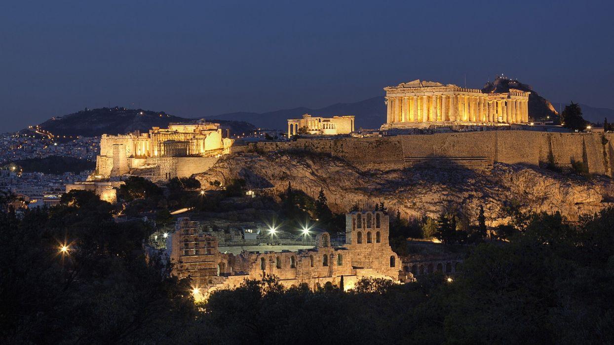 Mountains cityscapes night Greece historic Athens Acropolis