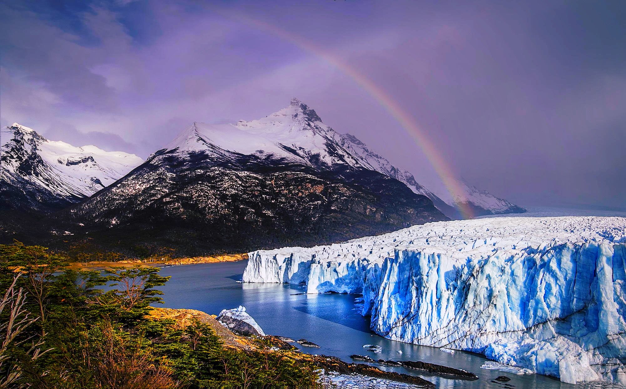 ice, clouds, Perito Moreno, rainbow, beautiful, forest, snowy peaks