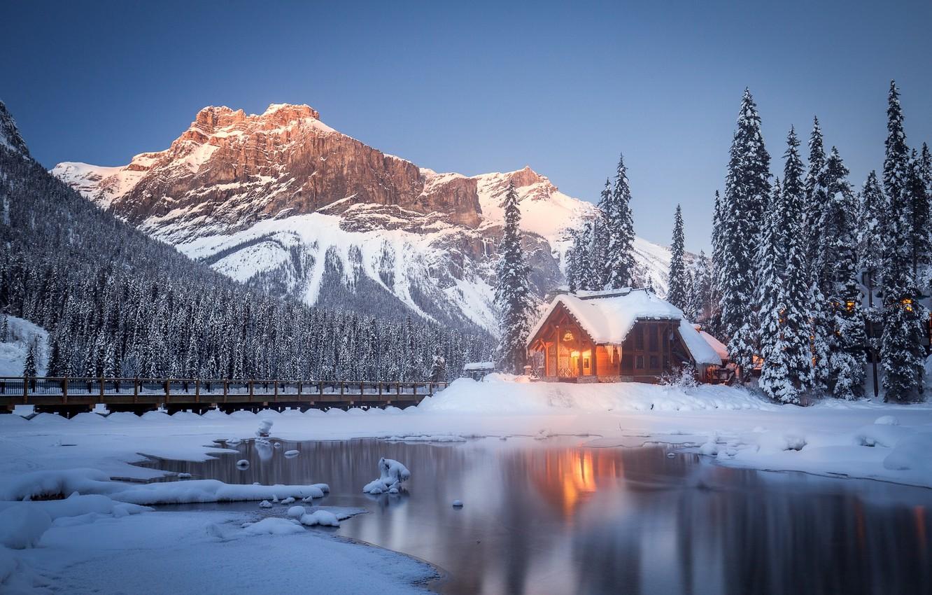 Wallpaper winter, snow, trees, mountains, lake, Canada, house