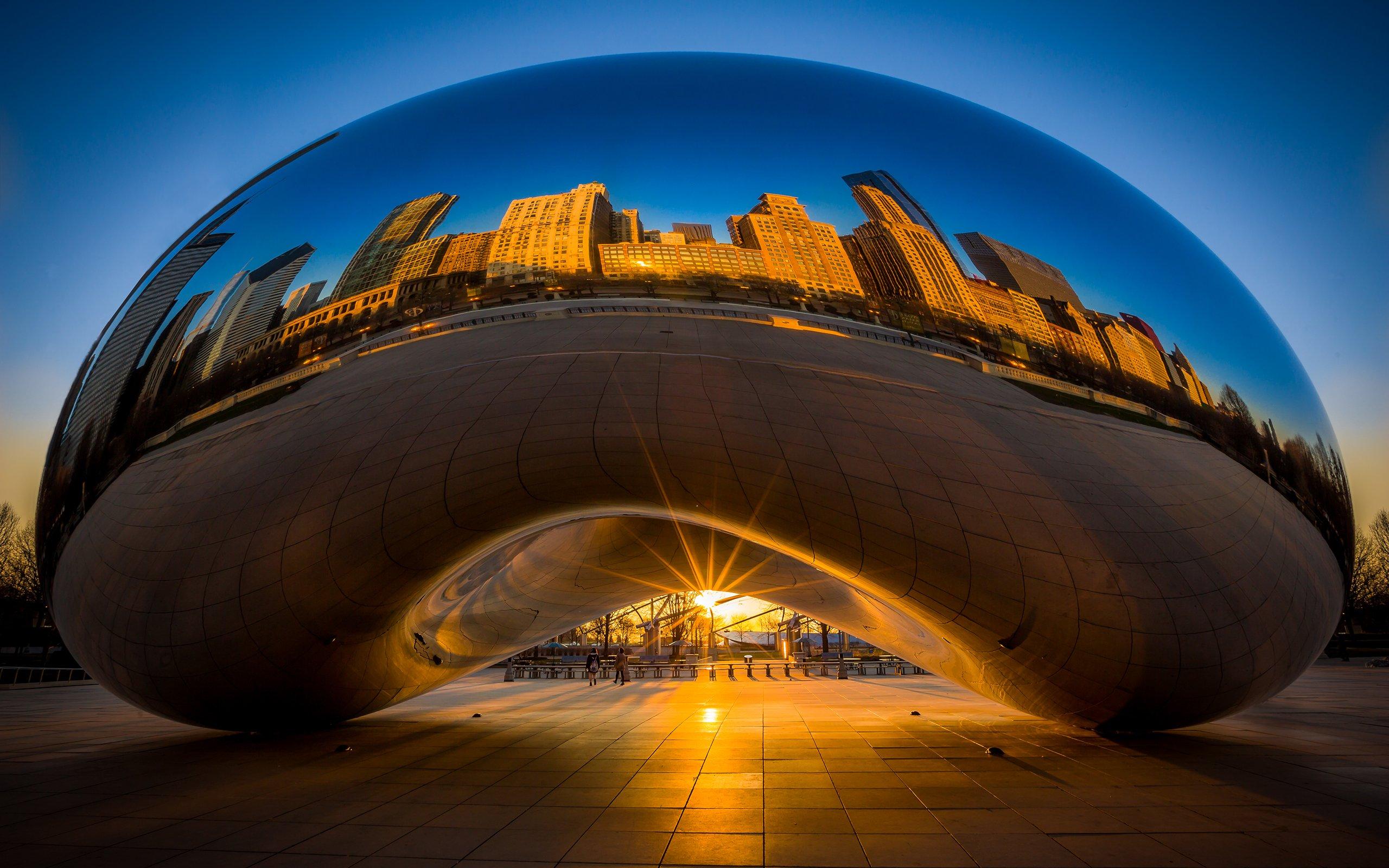 Chicago Millennium Park Reflection Buildings Skyscrapers Sunset