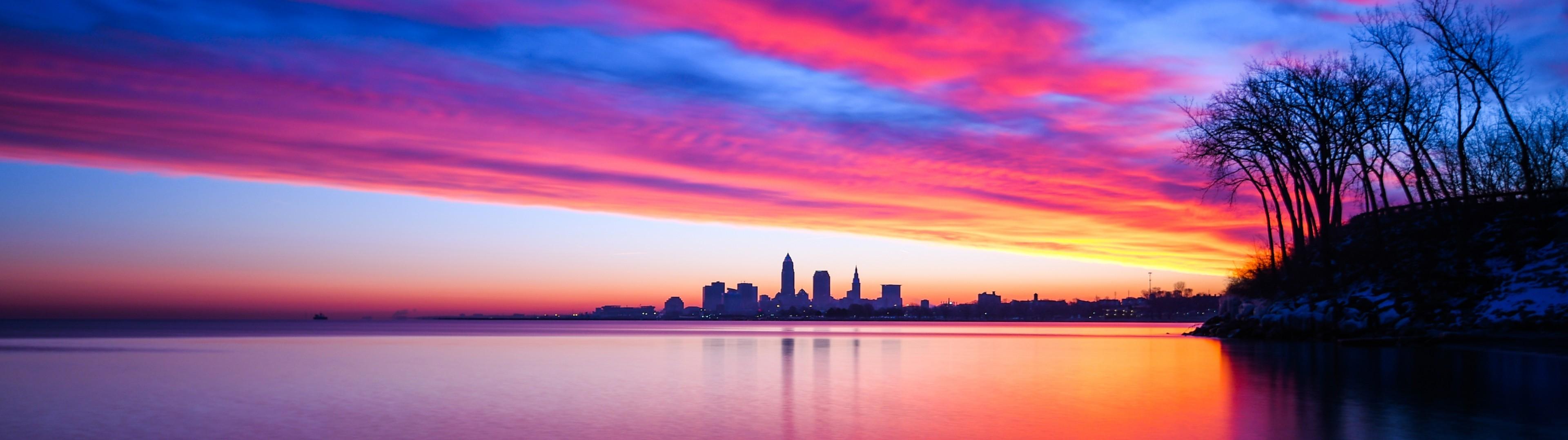 Download 3840x1080 United States, Cleveland, Ohio, Sunset, Clouds