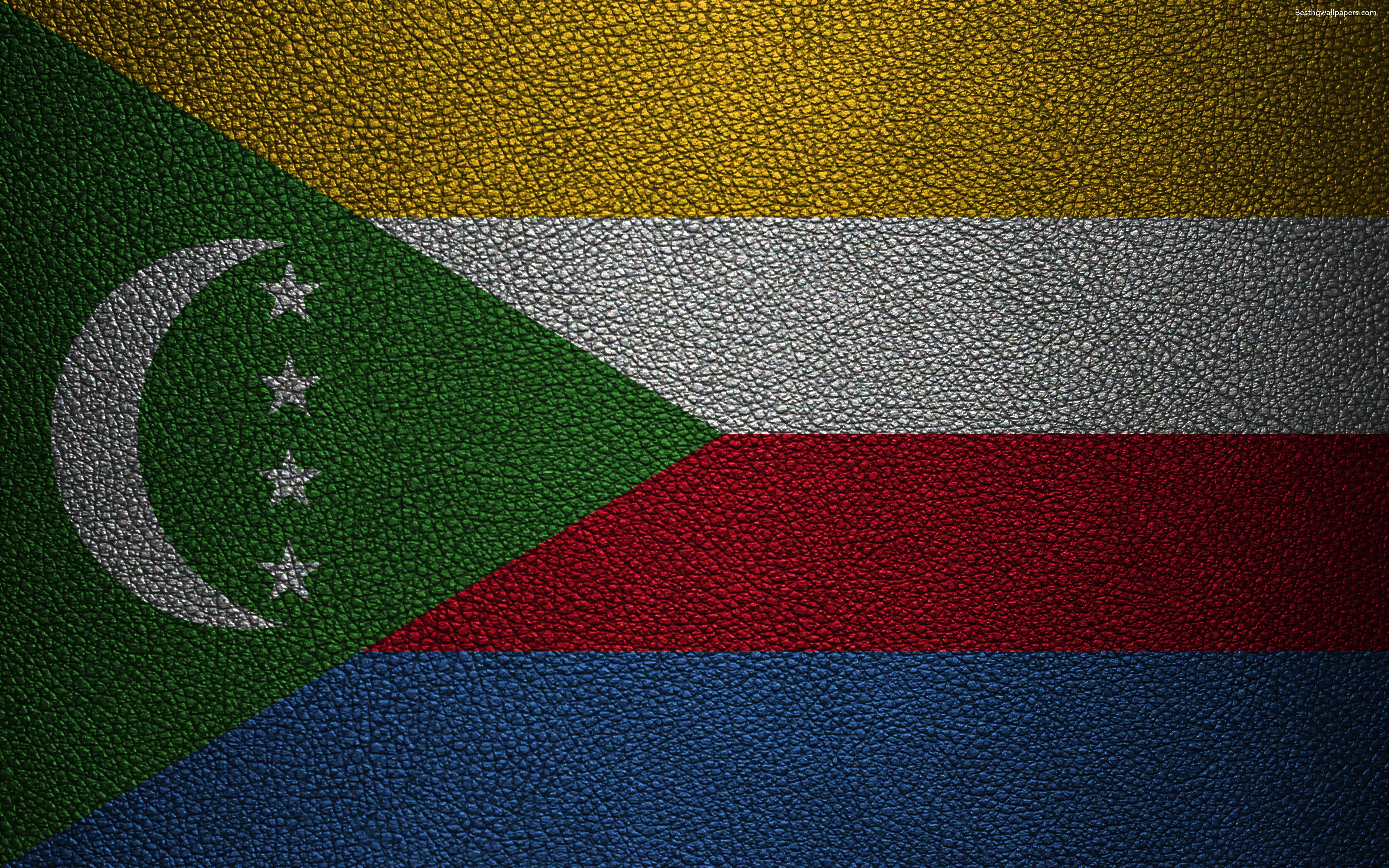 Download wallpaper Flag of Comoros, 4k, leather texture, Africa