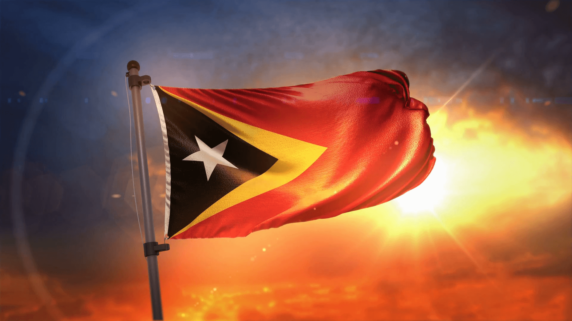 East Timor Flag Backlit At Beautiful Sunrise Loop Slow Motion 4K