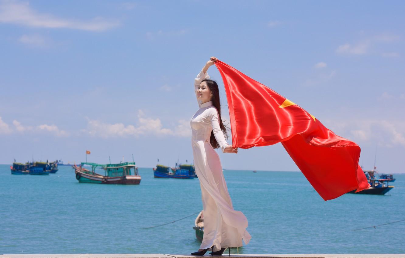 Wallpaper girl, face, the wind, star, dress, flag, Vietnam image