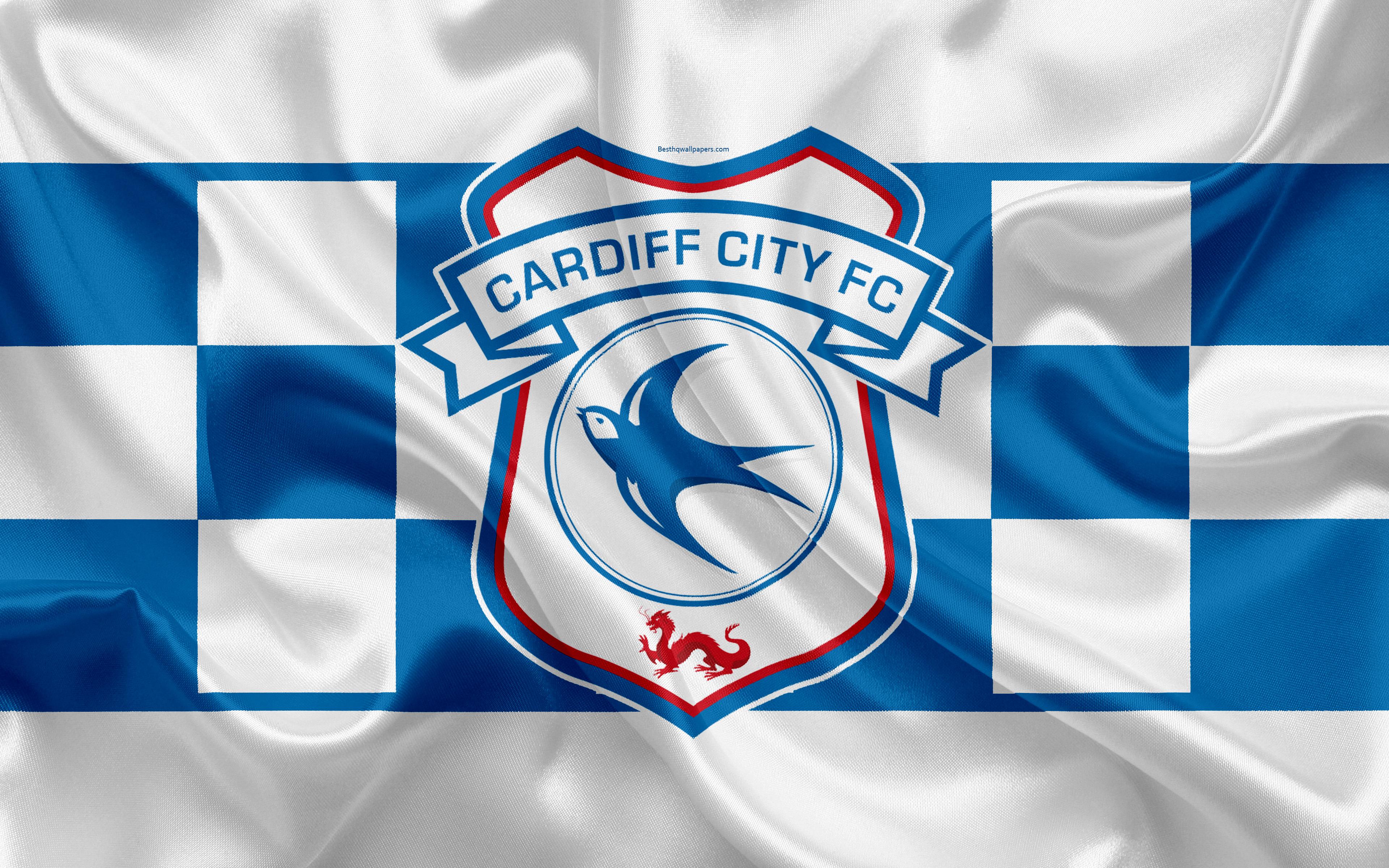 Download wallpaper Cardiff City FC, silk flag, emblem, logo, 4k