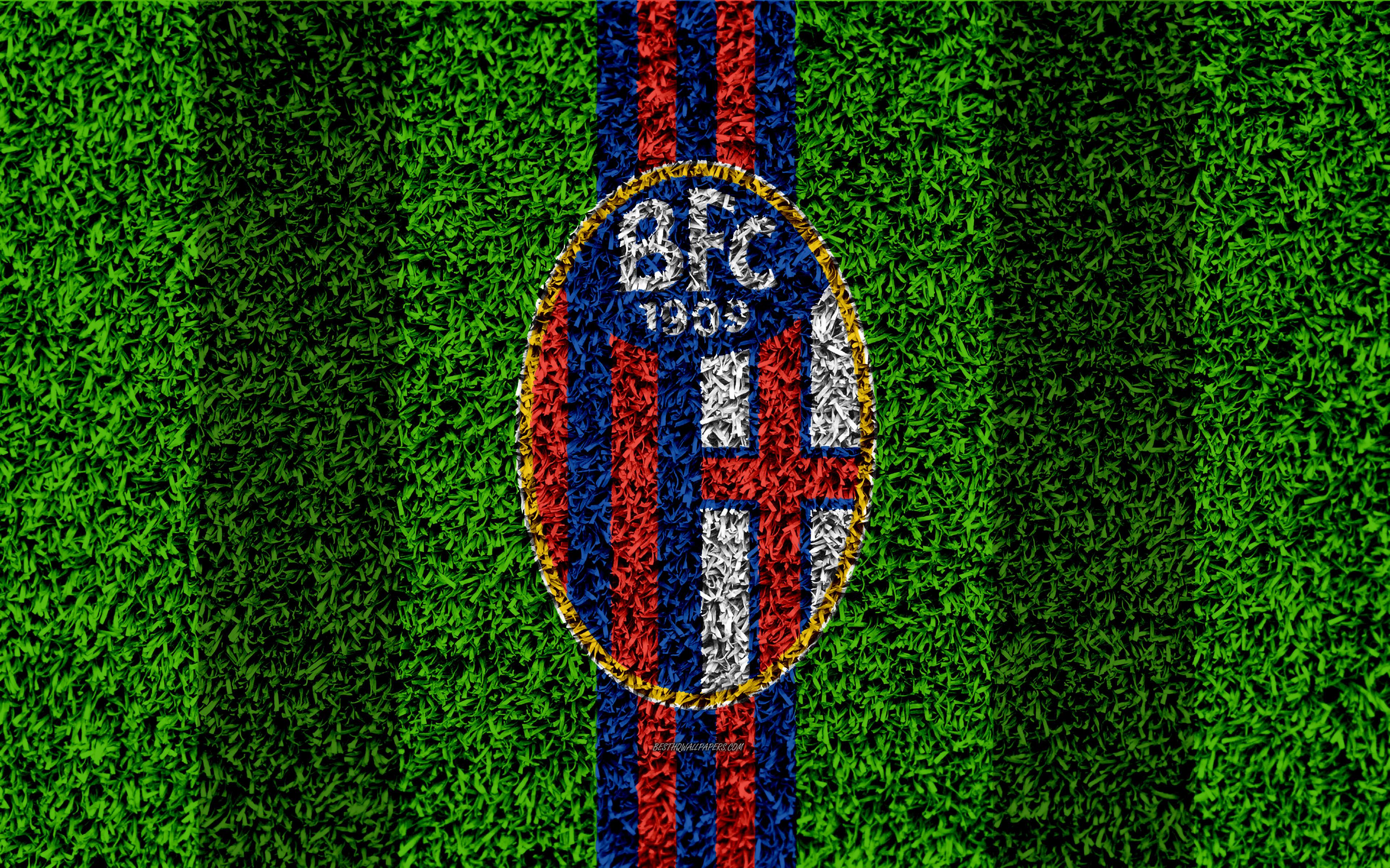 Download wallpaper Bologna FC, 4k, logo, football lawn, Italian