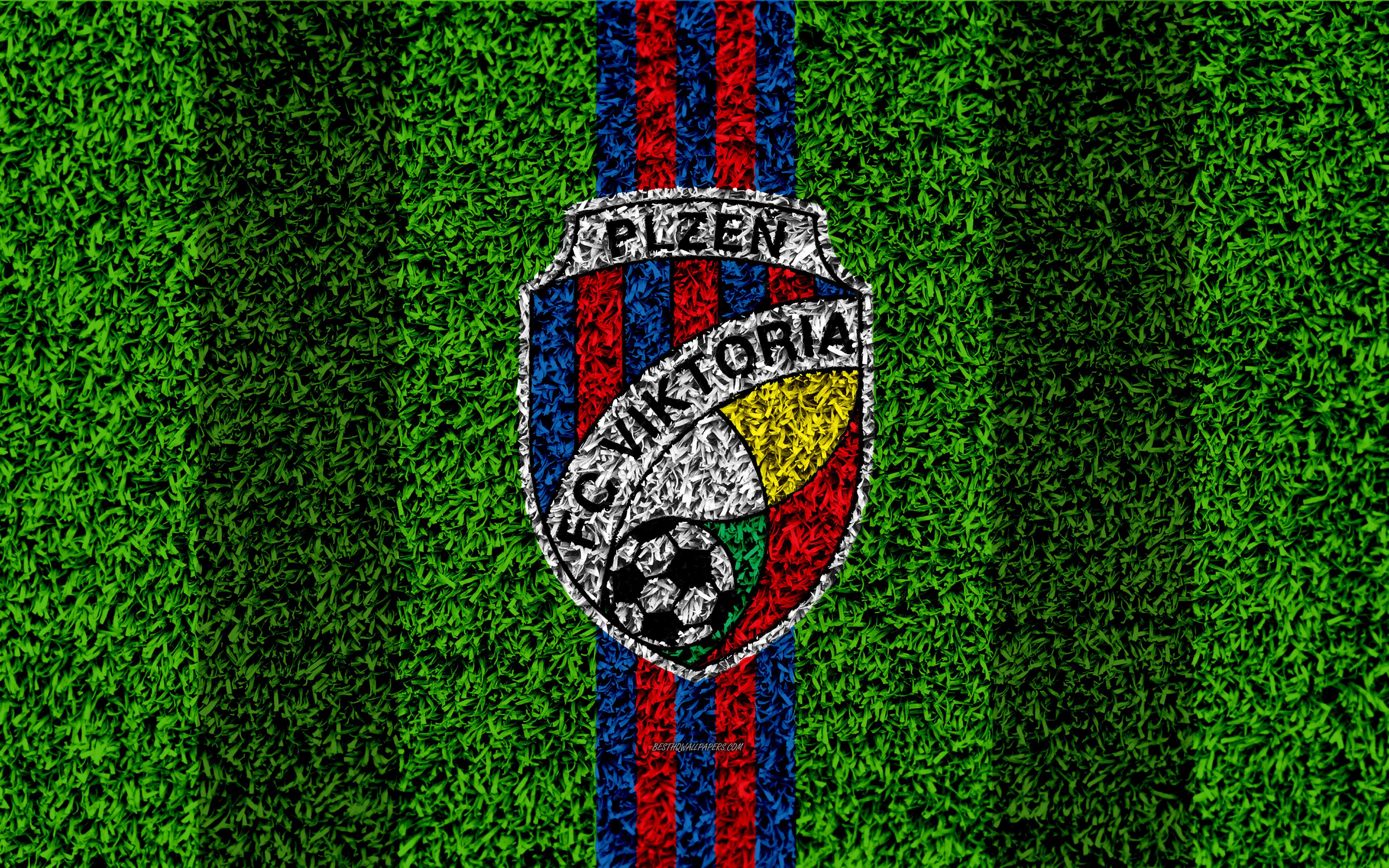 Download wallpaper FC Viktoria Plzen, 4k, logo, football lawn, blue