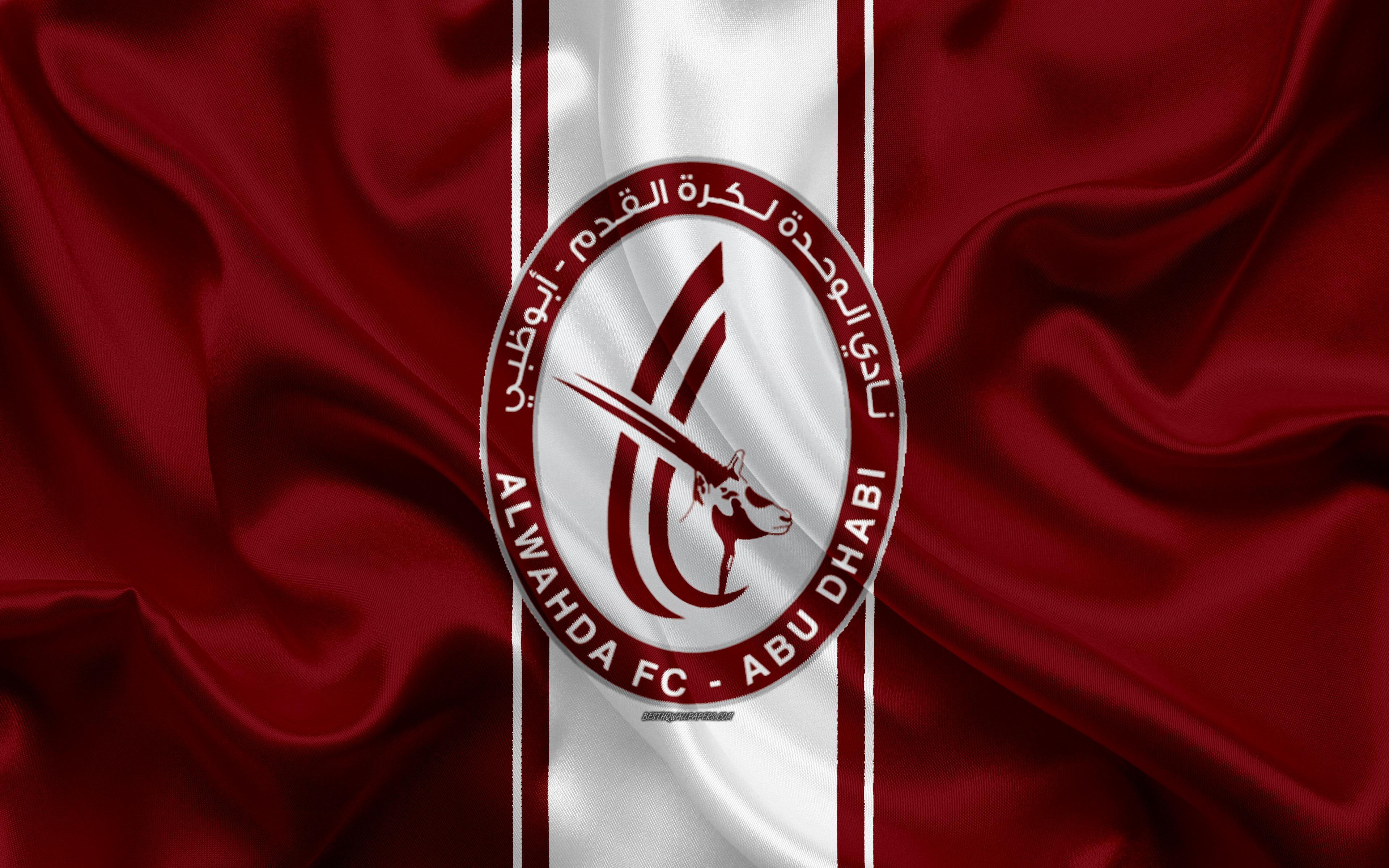 Download wallpaper Al Wahda FC, 4k, logo, burgundy silk flag