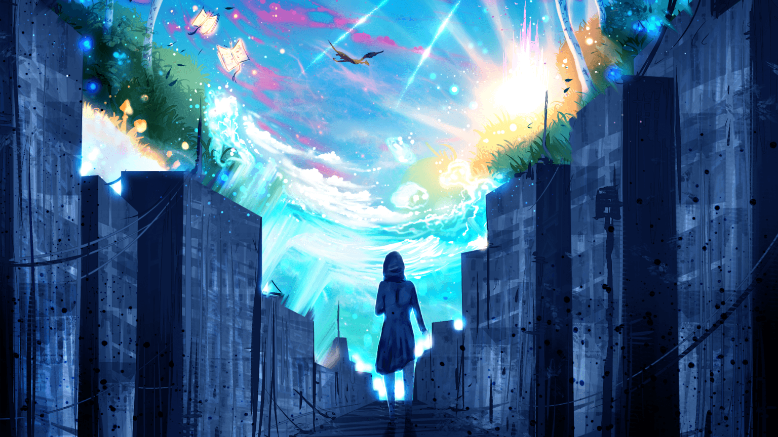 Download 1536x864 Anime Girl, Walking, Scenic, Sky Wallpaper