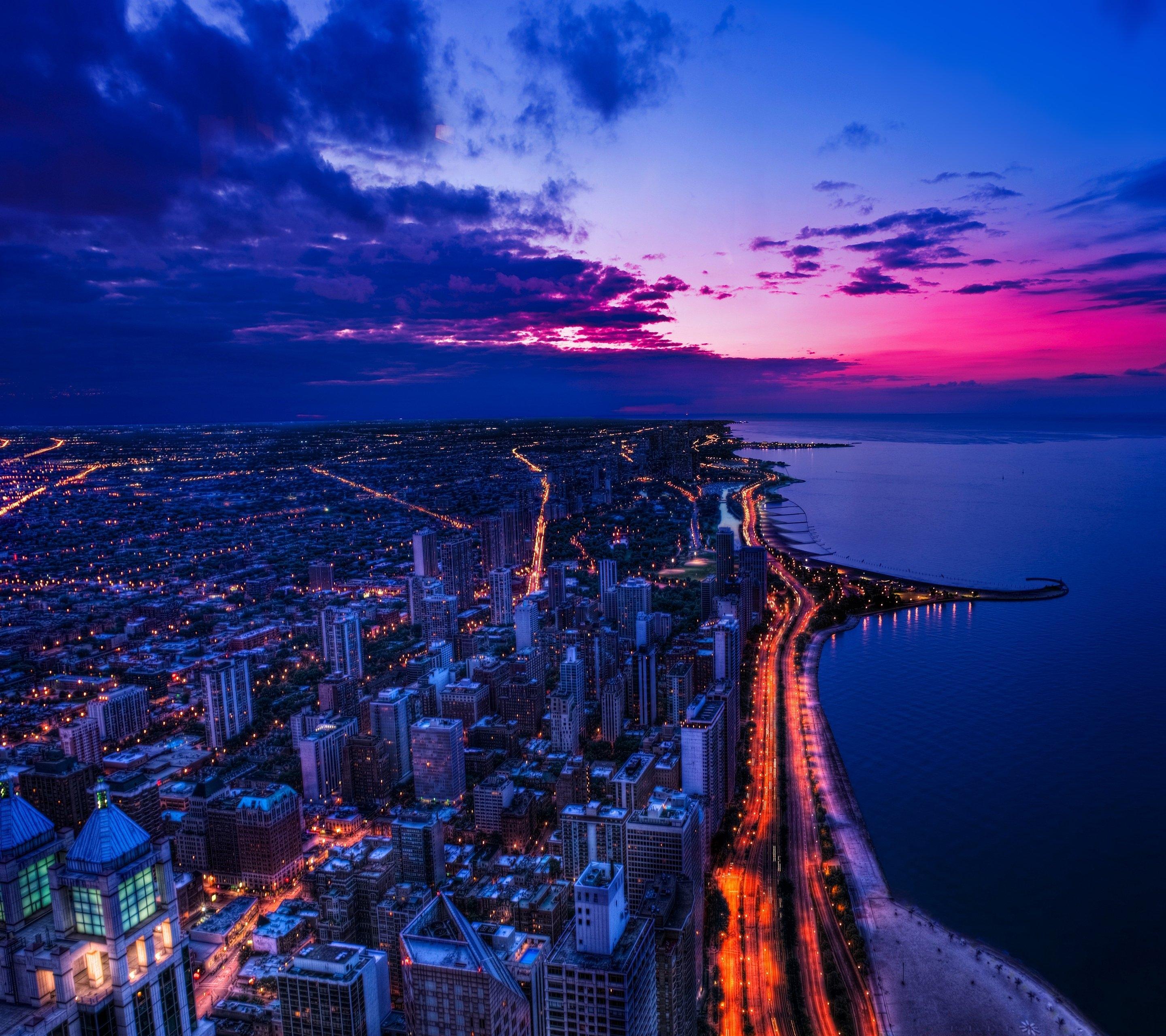 Download 2880x2560 Usa, Chicago, Sunset, Cityscape, Road, Lights