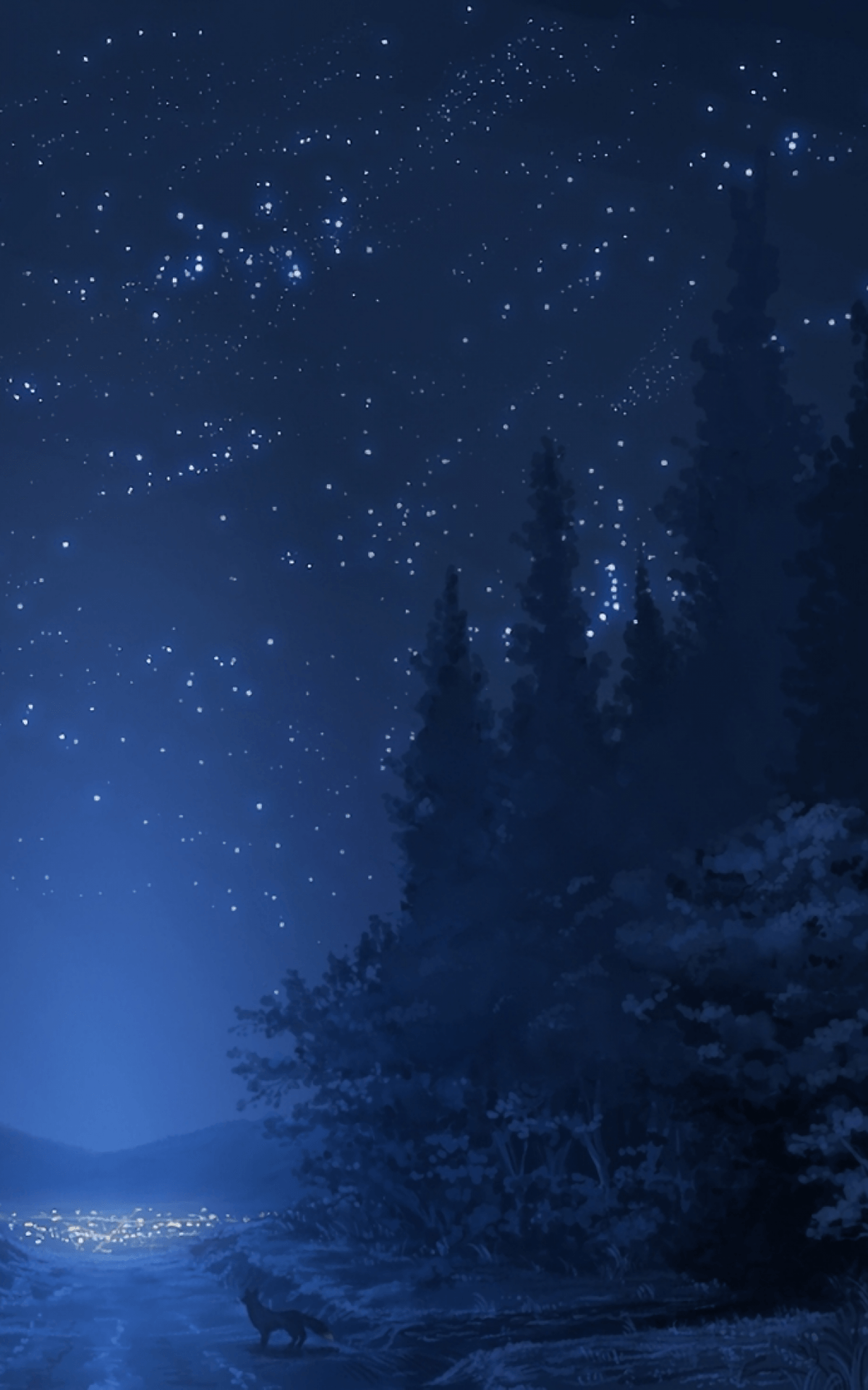 Download 1200x1920 Anime Landscape, Forest, Night, Stars, Wolf