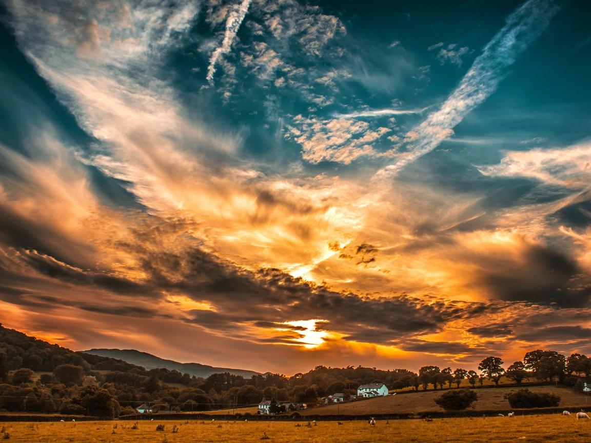 Download wallpaper 1152x864 sunset, sky, clouds, field, trees