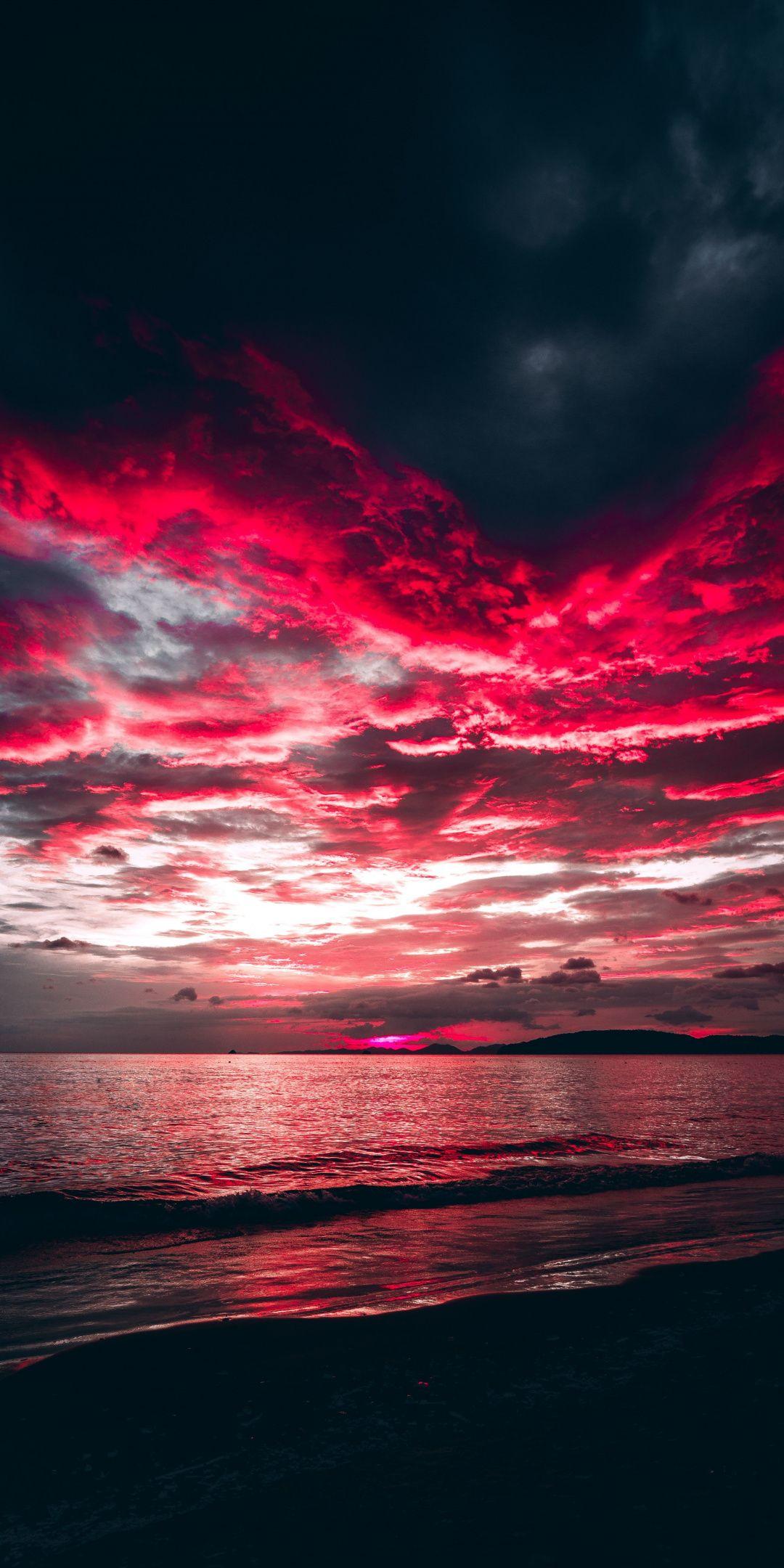 Sea, sunset, red clouds, nature, 1080x2160 wallpaper. Nature