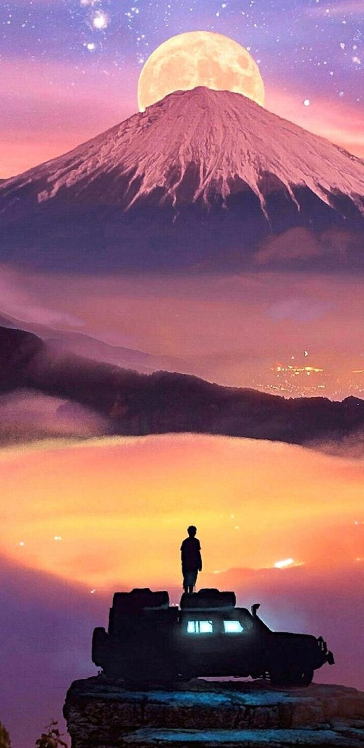 Man Watching Moon Rising Over Mountains 720x1480 Resolution