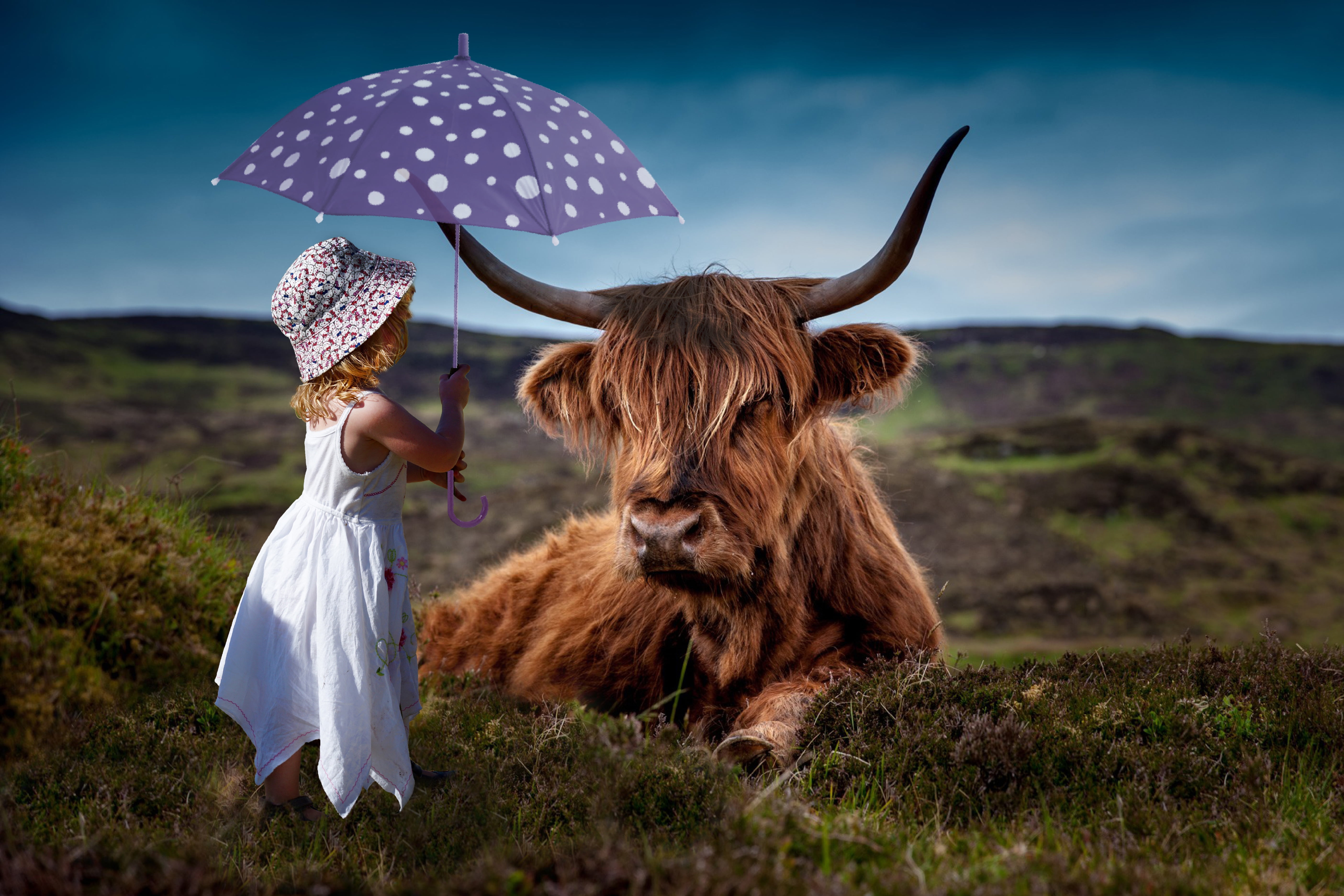 Girl in white dress under the umbrella near the highland