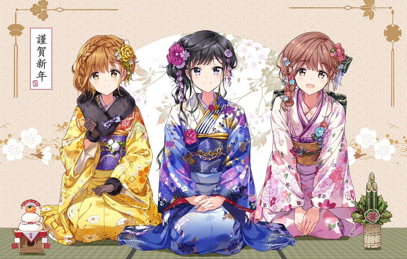 Wallpaper girls, girls, anime, trio, yucata, Revenge Masamune image for desktop, section сёнэн