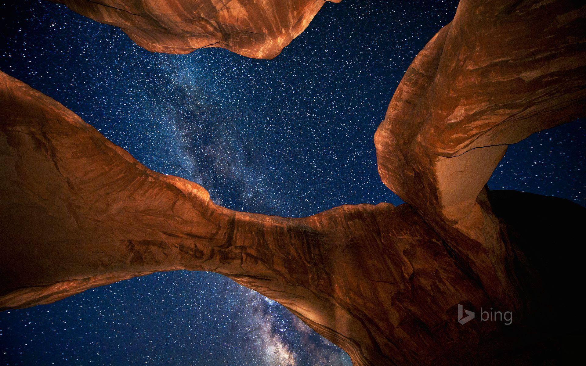 Milky Way above Double Arch in Arches National Park, Utah. HD