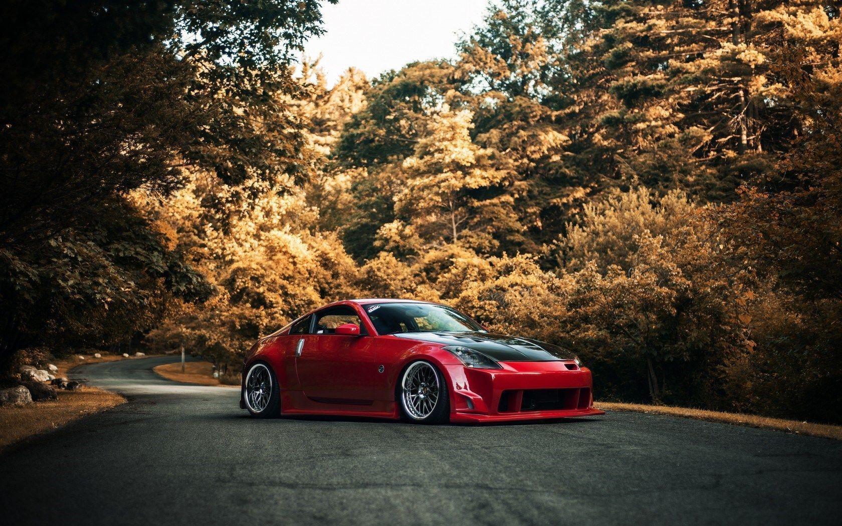 Red Nissan 350z Car Tuning Fall Forest Street HD Wallpaper